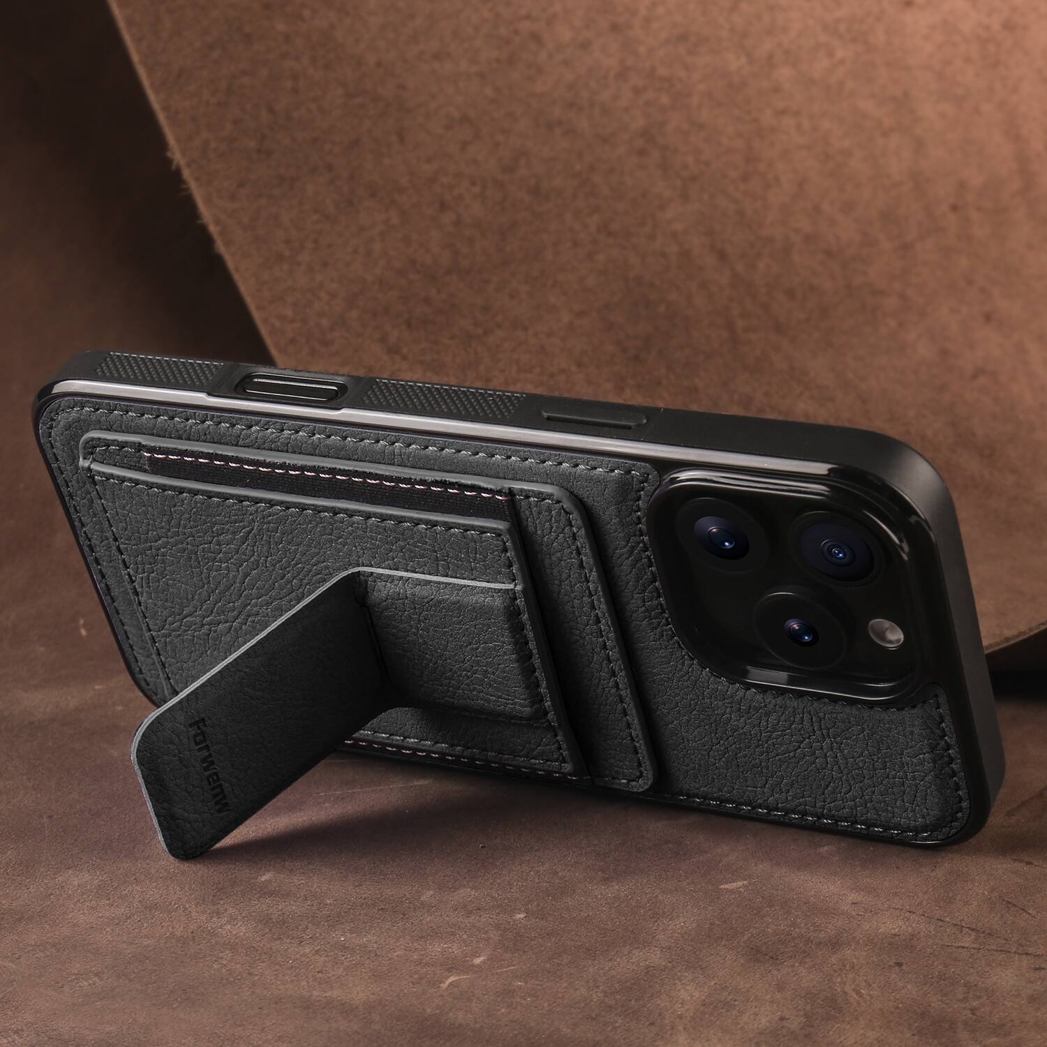 Left. Dteck - Slim Card Holder Case for Apple iPhone 16 Pro Max, Shockproof Wallet Protective Cover with Kickstand - Black.