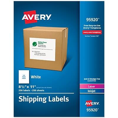 AVERY 95920  
Free Easy-to-Use Avery Templates  
avery.com/templates  

White  
8½" x 11"  
250 labels / 250 sheets  
Shipping Labels  

Jan & Sedge Free  
Laser Inkjet  

AVERY 95920