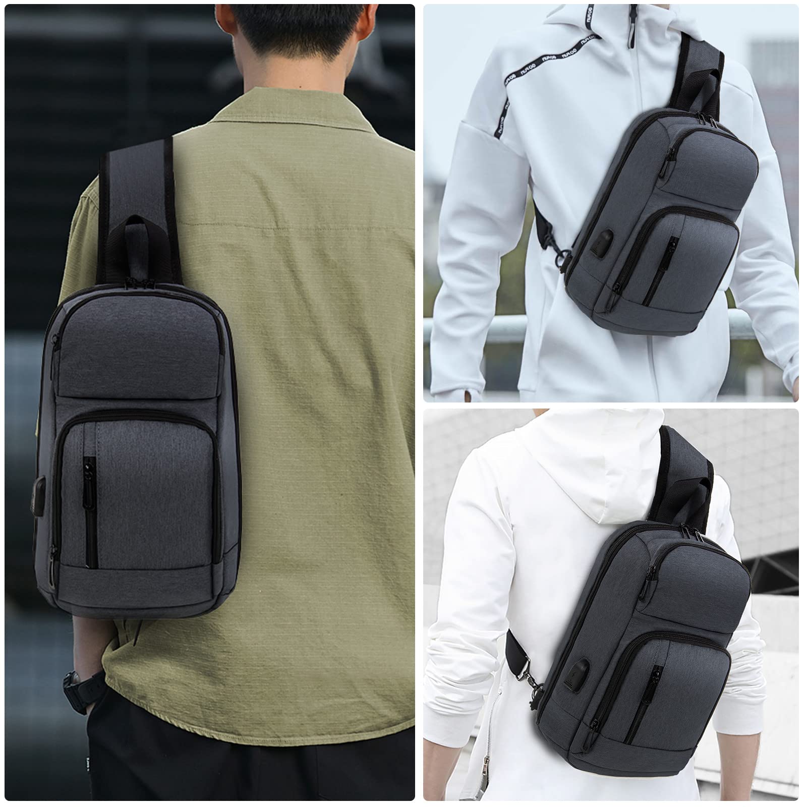 Alt View 4. Wikistore - WIKISTORE Sling Bag for Men Crossbody Bag with USB Charging Port Fits 10.2 inch iPad Casual Daypack Black - Black.