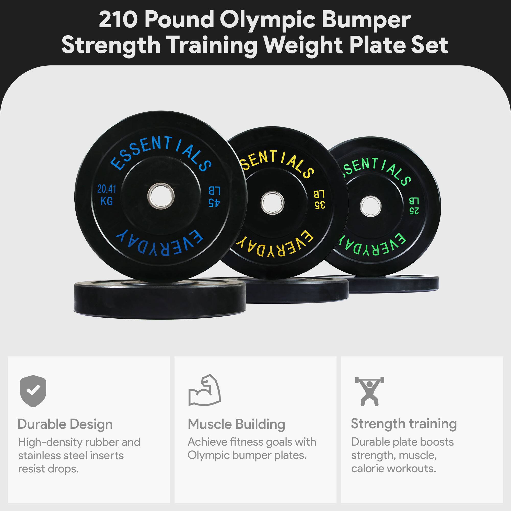 210 Pound Olympic Bumper Strength Training Weight Plate Set

ESSENTIALS

20.41 LB (9.25 KG)

Durable Design
High-density rubber and stainless steel inserts resist drops.

Muscle Building
Achieve fitness goals with Olympic bumper plates.

Strength Training
Durable plate boosts strength, muscle, and calorie workouts.