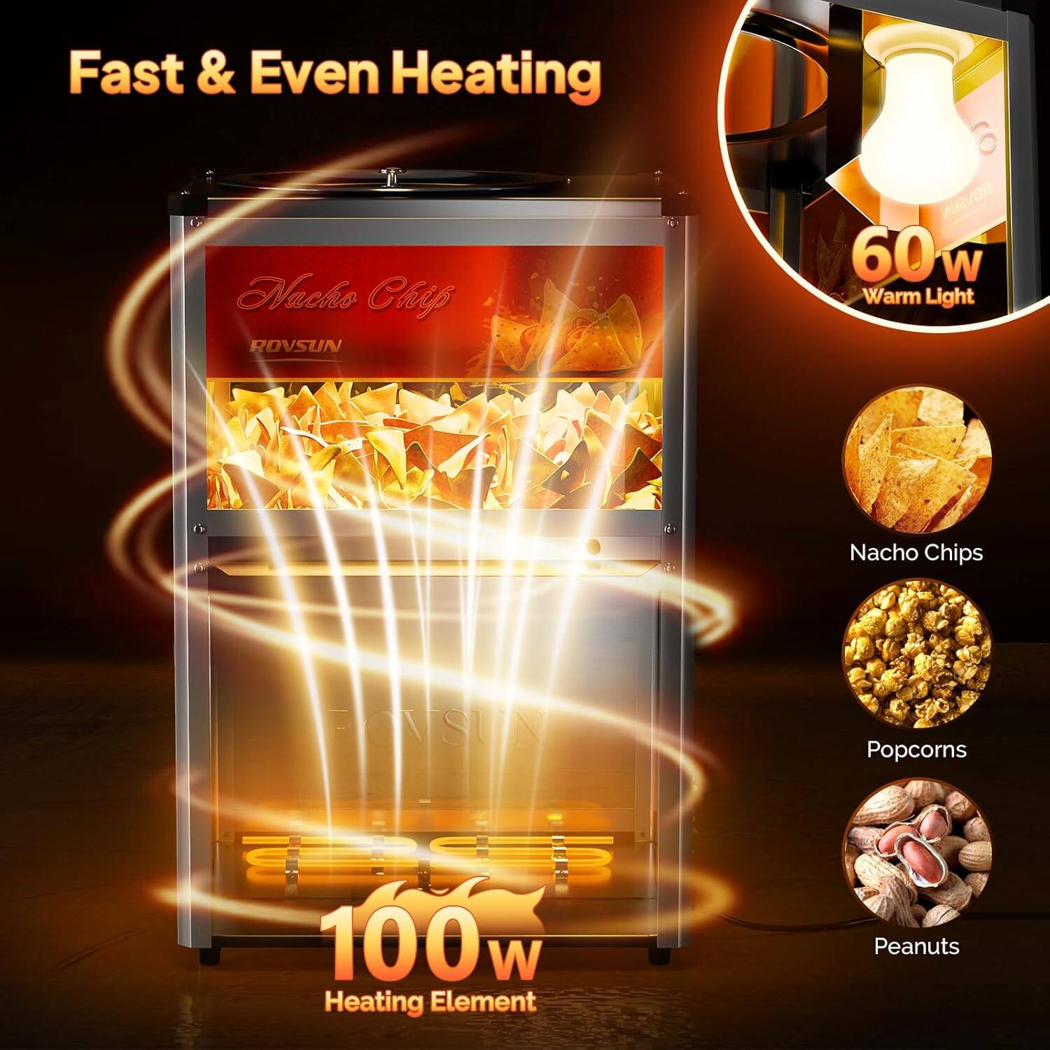 Fast & Even Heating  
Nacho Chip  
ROVSUN  
60w Warm Light  
1 Nacho Chips  
FONSUN Popcorns  
100w Heating Element  
Peanuts