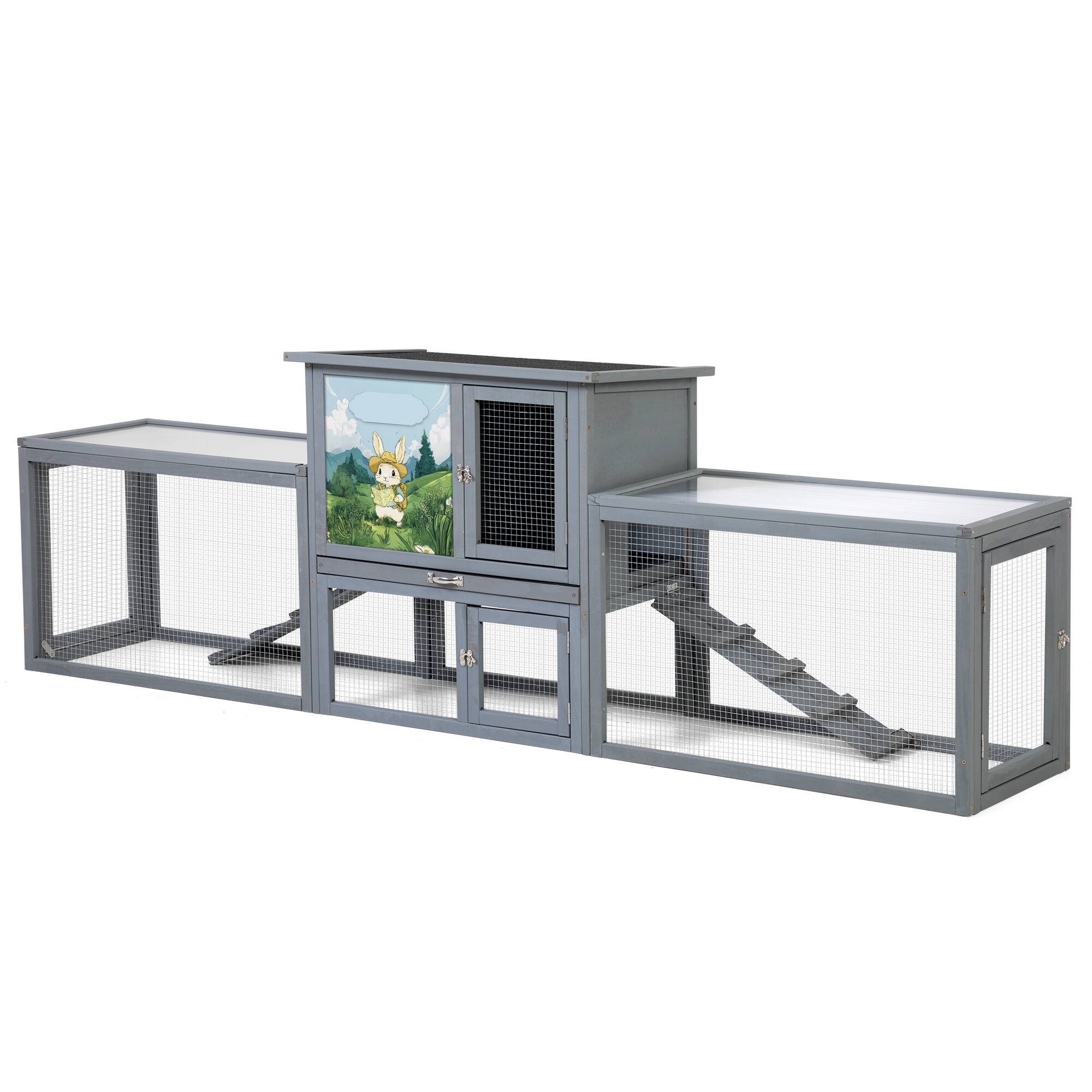 Front. Boyel Living - Gray with Colorful Patterns Large 2Story Outdoor Rabbit Hutch Bunny House with Dual Runs Resting Room PC Sun Roof wit - Gray.
