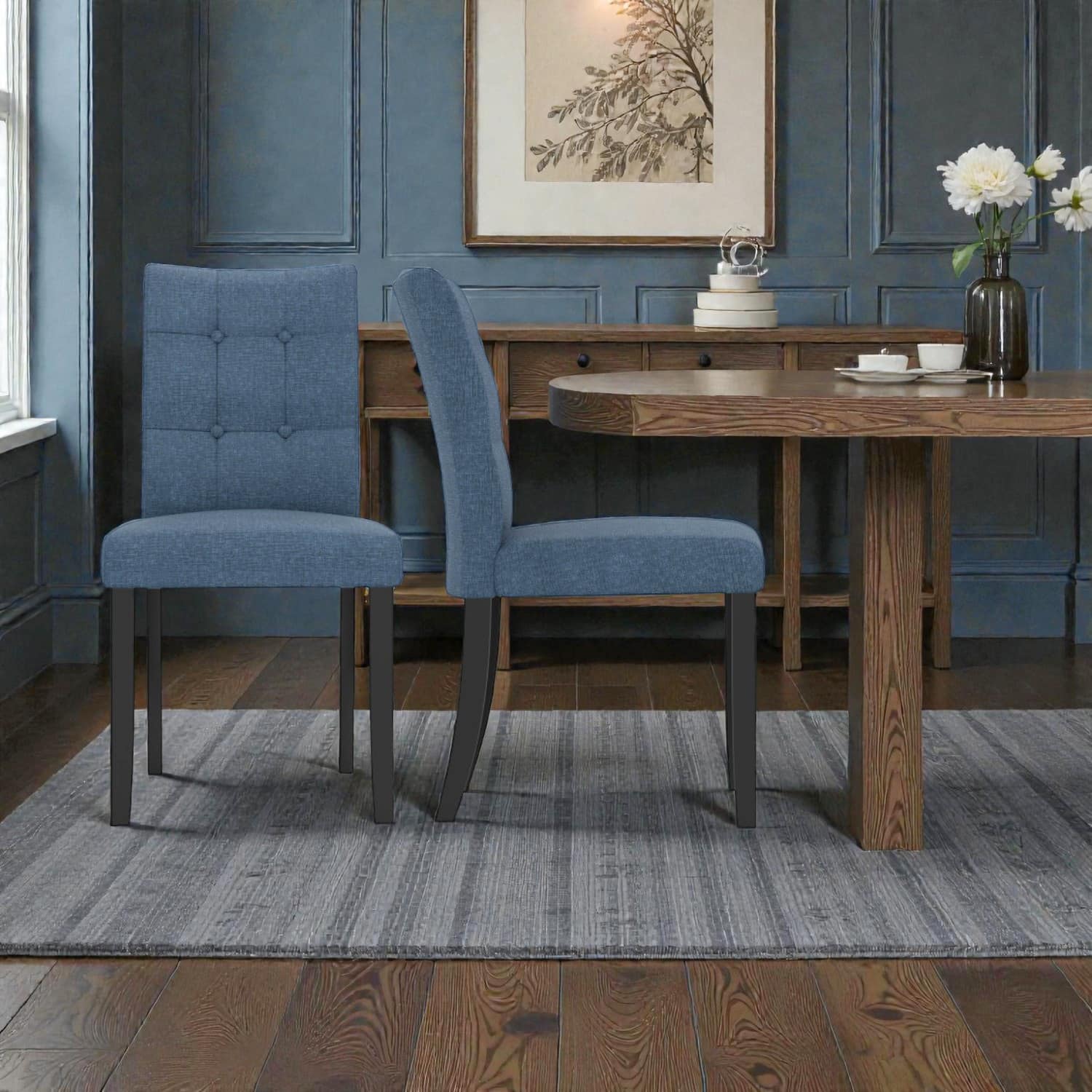 Hivvago - Set of 2 Upholstered Dining Chairs Featuring Tufted Design and Wooden Legs - Dark Blue, Black