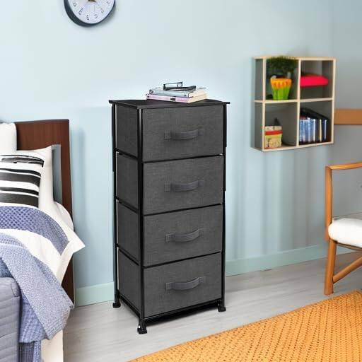 Back. Sorbus - Sorbus Nightstand with 4 Drawers, Bedside Furniture & Night Stand Dresser with Steel Frame, Wood Top, Fabric Bins - Black.