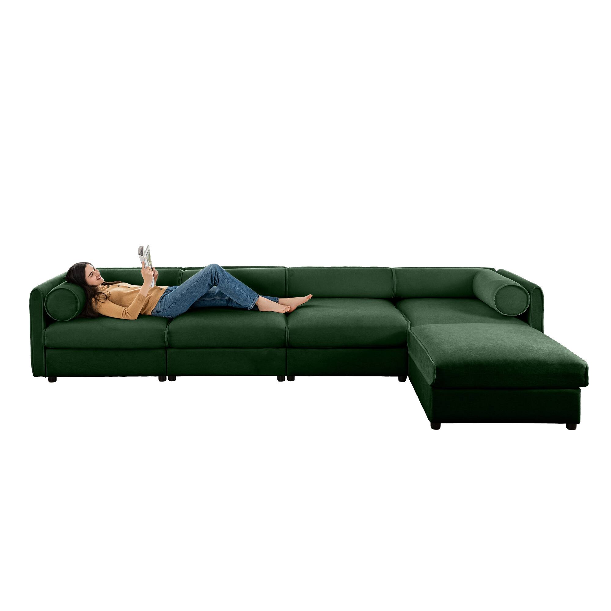 Alt View 4. LOVMOR - 4 Seat Chenille Modular Sectional Couch L Shaped Storage Ottoman Cylindrical Support For Living Room Plush Den - Green.