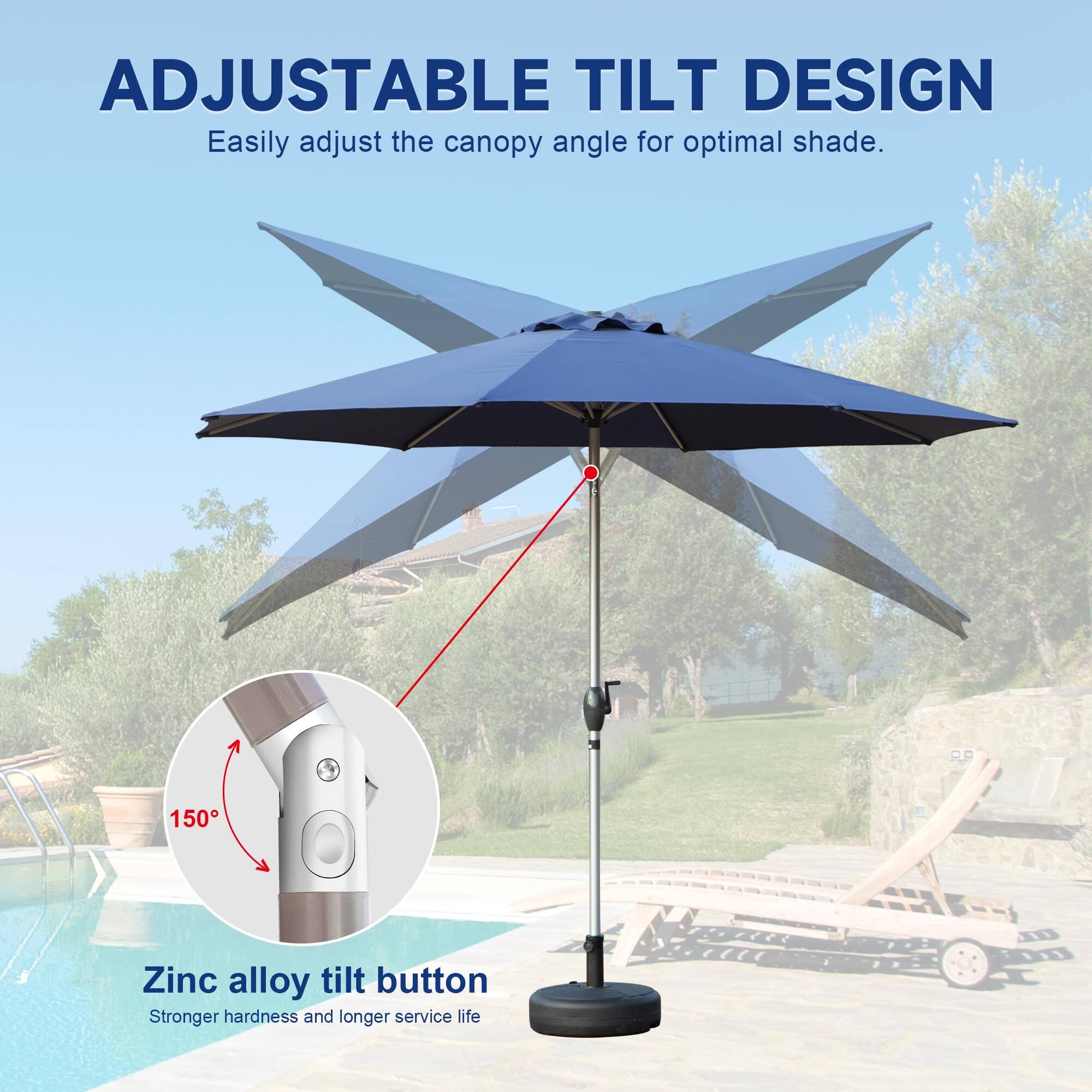 ADJUSTABLE TILT DESIGN  
Easily adjust the canopy angle for optimal shade.  

150° Zinc alloy tilt button  
Stronger hardness and longer service life