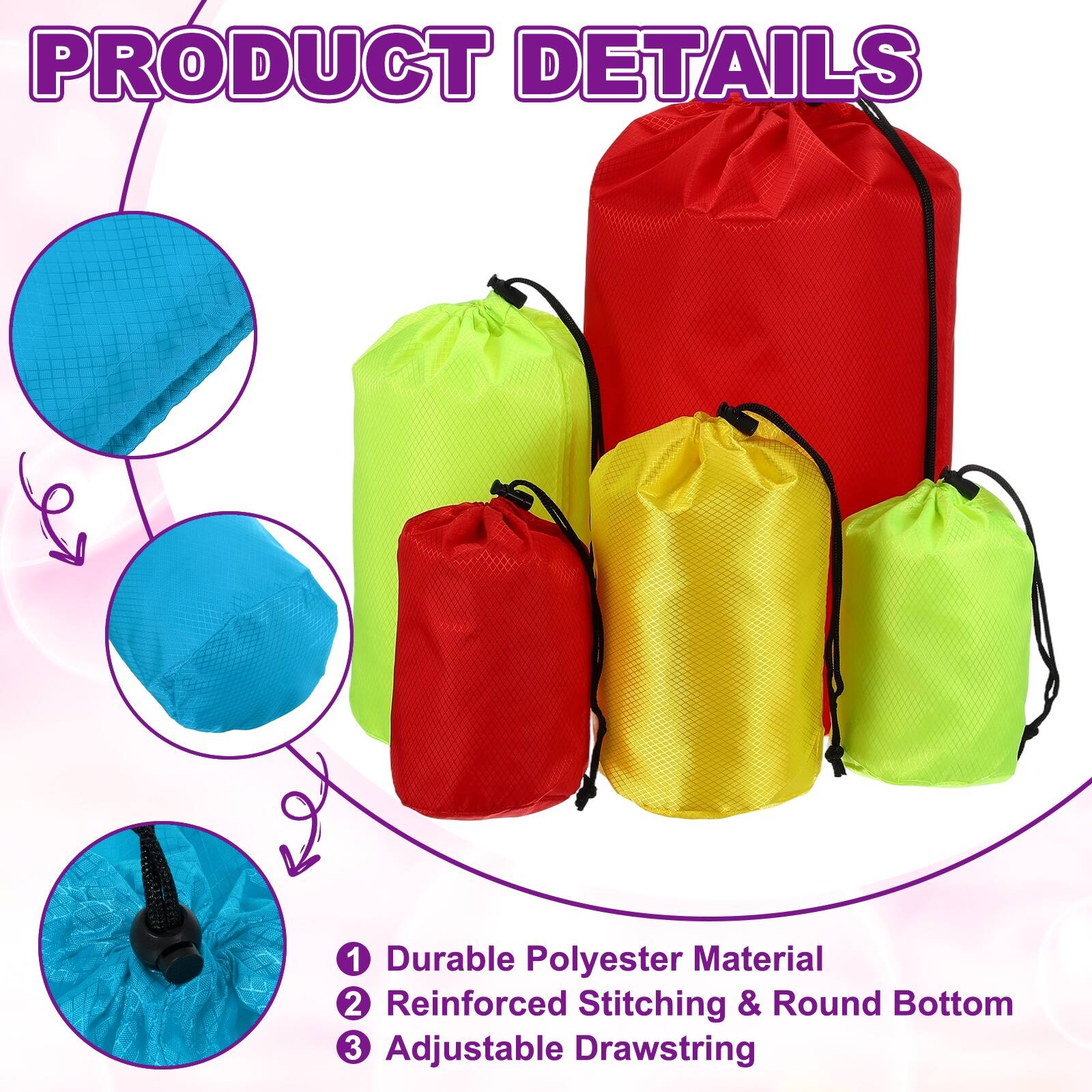 PRODUCT DETAILS

1. Durable Polyester Material
2. Reinforced Stitching & Round Bottom
3. Adjustable Drawstring