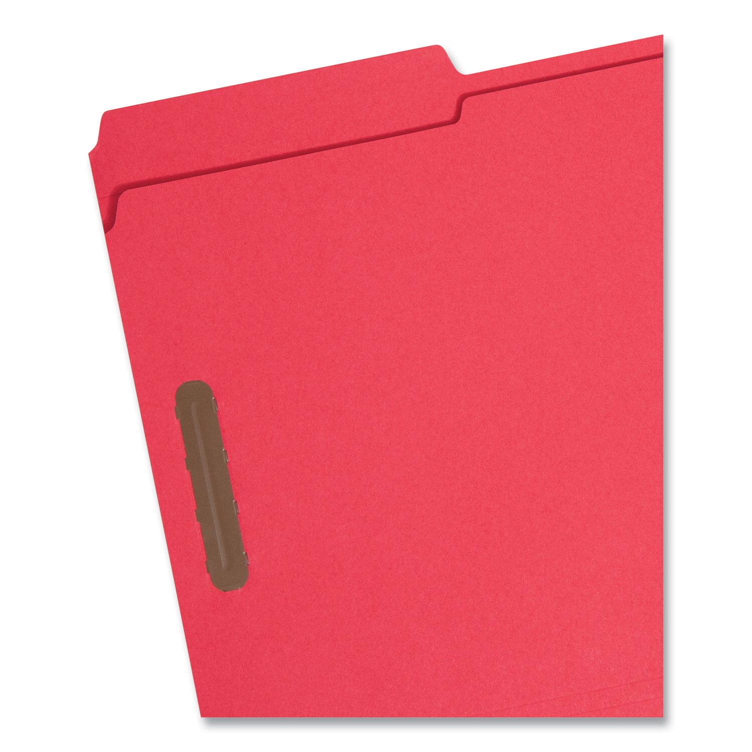Left. Smead Manufacturing - Top Tab Colored Fastener Folders, 0.75" Expansion, 2 Fasteners, Legal Size, Red Exterior, 50/Box.
