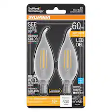 TruWave Technology
SYLVANIA
SEE + FEEL BETTER
ENHANCED COLOR EXPERIENCE
60 W
SOFT WHITE OPALE
LED DEL
MIEUX VOIR + SE SENTIR MIEUX
EXPERIENCE COULEUR AMÉLIORÉE
B10
Clear Bulbs
Lampes claires
CANDLELABRA BASE
CULOT CANDLELABRE
SUPERIOR DIMMABILITY
INTENSITÉ VARIABLE
Brightness
500 lumens
Estimated Energy Cost
$0.66 per year
2 B10 BULBS/LAMPES
13+ YEARS/ANS*
ENERGY STAR
Brightness
500 lumens
Estimated Energy Cost
$0.66 per year
13+ YEARS/ANS*
Indoor/Outdoor
Intérieur/extérieur
ENERGY STAR