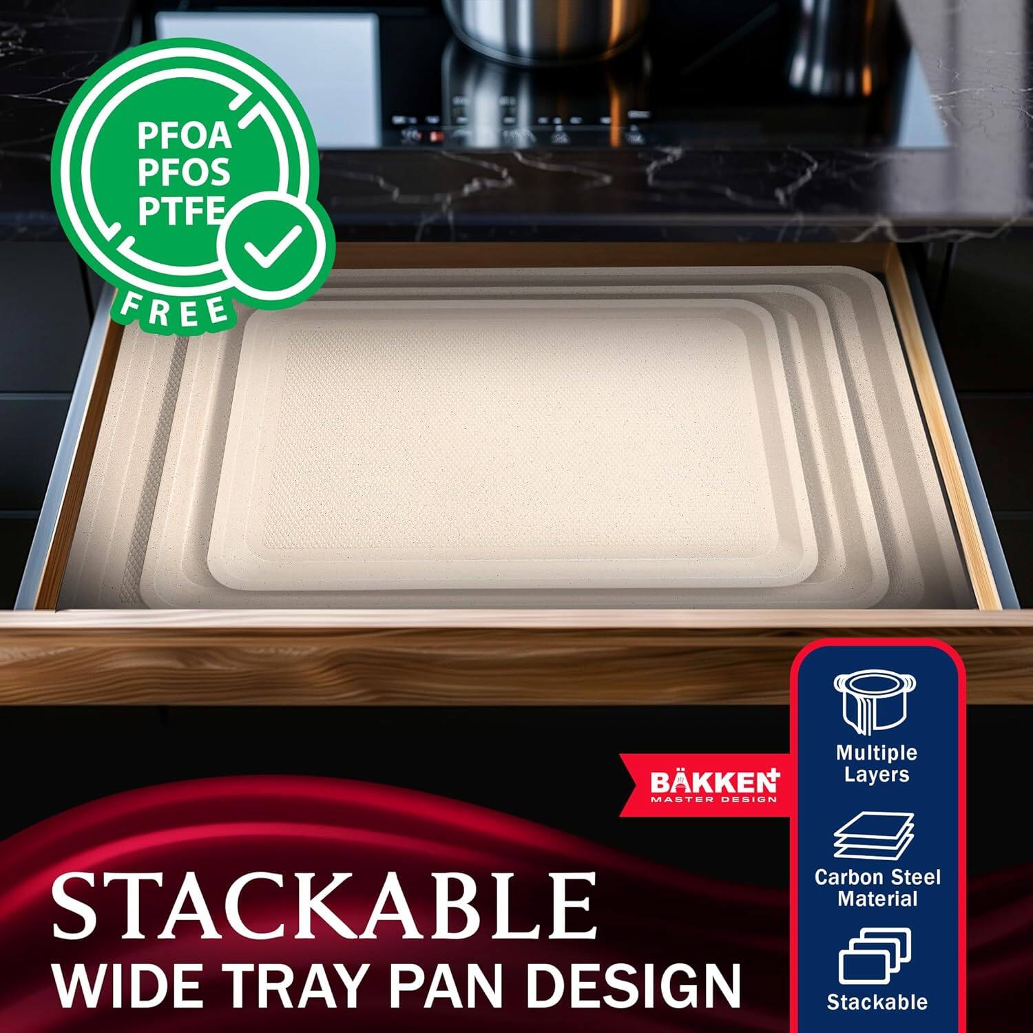 PFOA PFOS PTFE FREE, Multiple Layers, Carbon Steel Material, Stackable, Wide Tray Pan Design, Stackable