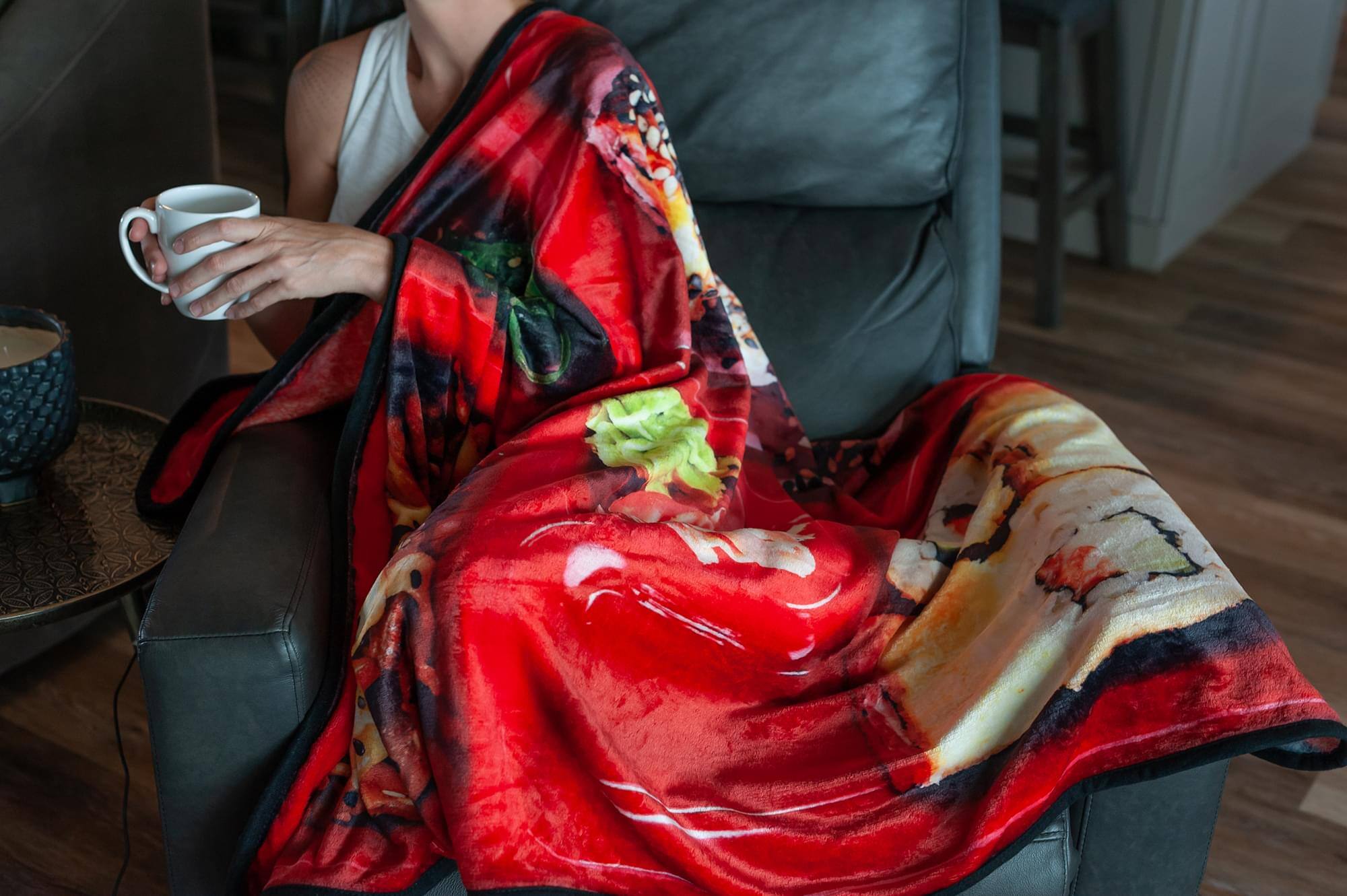 Alt View 3. Just Funky - Japanese Bento Box Large Fleece Throw Blanket | Food Blankets | 60 x 45 Inches - Red.