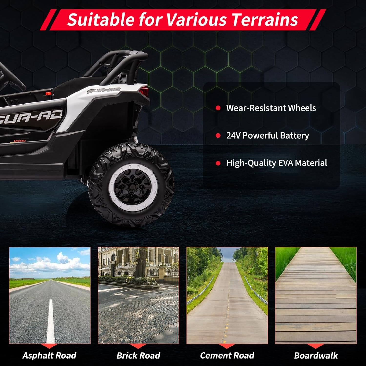 Suitable for Various Terrains

- Wear-Resistant Wheels
- 24V Powerful Battery
- High-Quality EVA Material

Asphalt Road  
Brick Road  
Cement Road  
Boardwalk