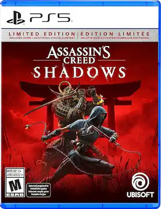 PS5 LIMITED EDITION DITION LIMITE INCLUDES GAME ADDITIONAL DIGITAL CONTENT INCLUT LE JEU ET DU CONTENU NUMRIQUE ADDITIONNEL ASSASSIN'S CREED SHADOWS MATURE 17+ JEUNES ADULTES 17+ M Internet install the required game to 6 Internet requis pour ESRB installer le jeu UBISOFT - M (Mature 17+)