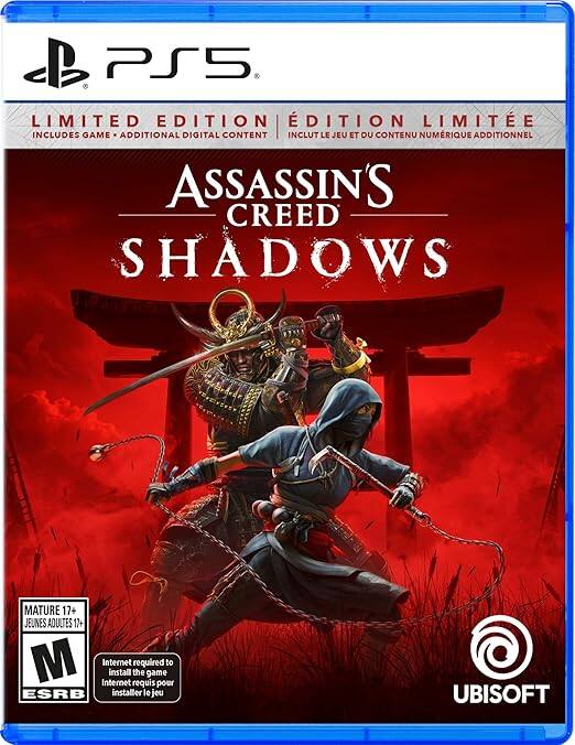 PS5 LIMITED EDITION DITION LIMITE INCLUDES GAME ADDITIONAL DIGITAL CONTENT INCLUT LE JEU ET DU CONTENU NUMRIQUE ADDITIONNEL ASSASSIN'S CREED SHADOWS  MATURE 17+ JEUNES ADULTES 17+ M Internet install the required game to 6 Internet requis pour ESRB installer le jeu UBISOFT