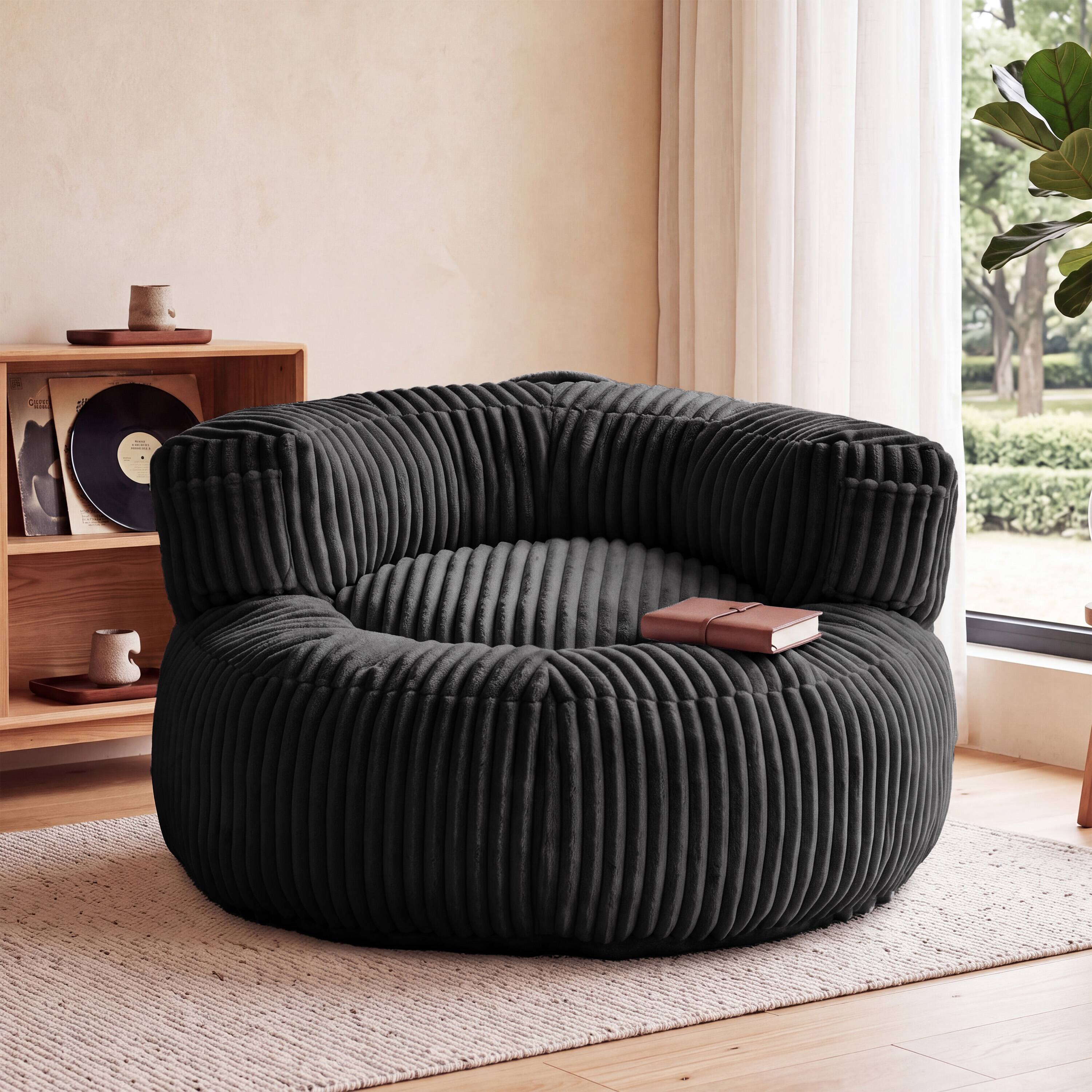 Angle. Vipbear - 44" Round Single Couch Sofa for Small Spaces, Boneless Accent Chair Circle Bean Bag Sofa for Living Room Bedroom, Dorm - black.