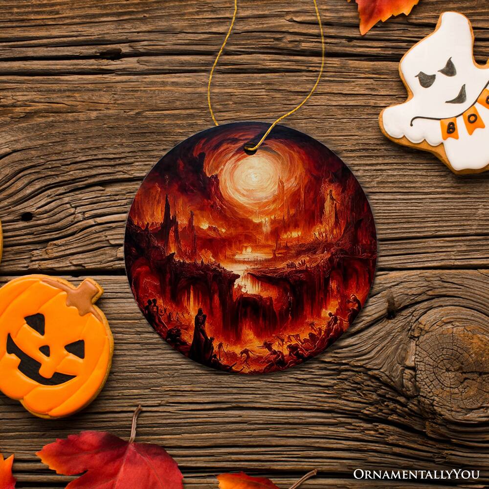 Back. OrnamentallyYou - Fiery Hellscape Dantes Inferno Ceramic Ornament Painting Halloween Gift And Decor - Multi-colored.