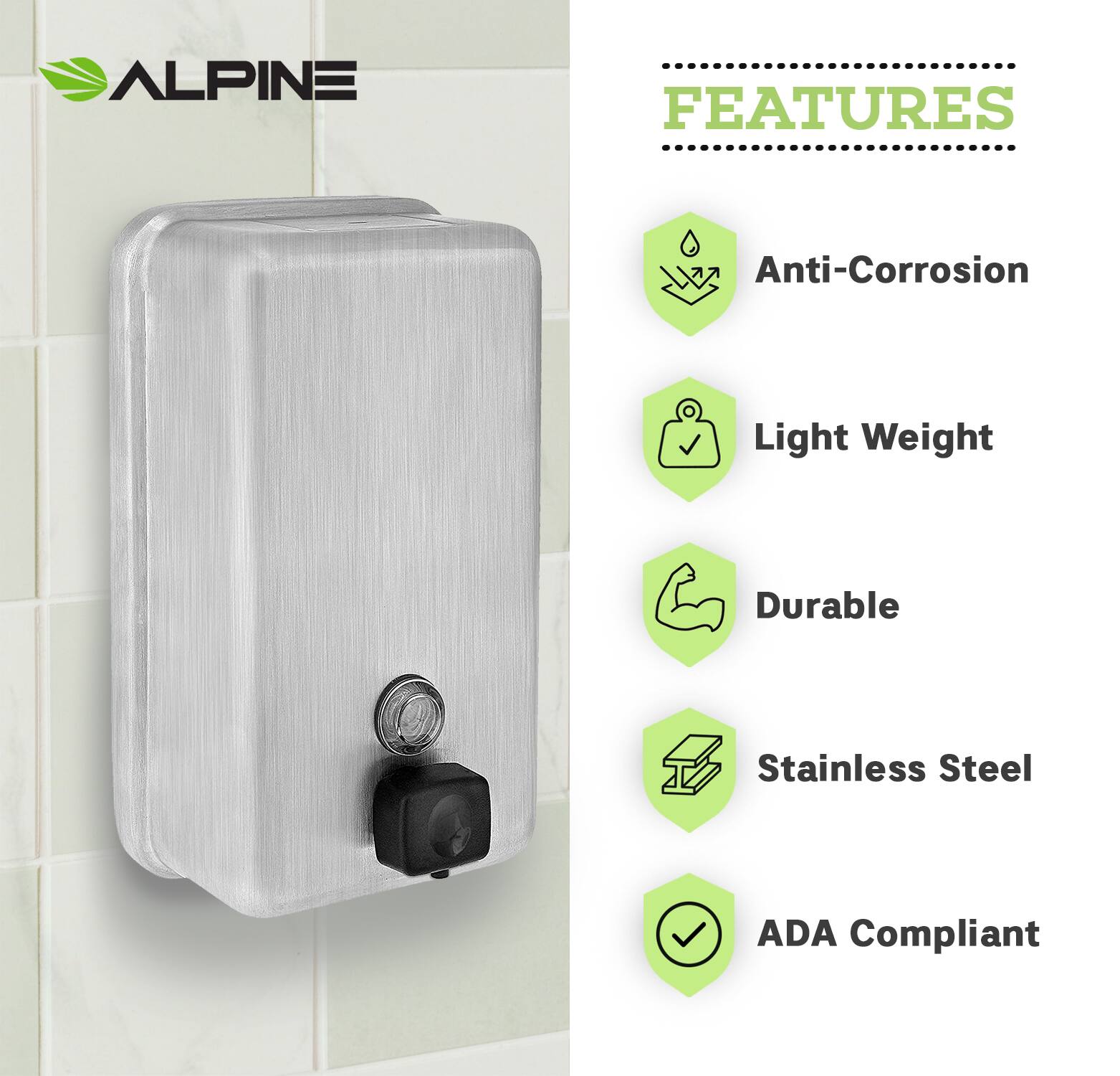 **ALPINE**

---

**FEATURES**

- Anti-Corrosion
- Light Weight
- Durable
- Stainless Steel
- ADA Compliant