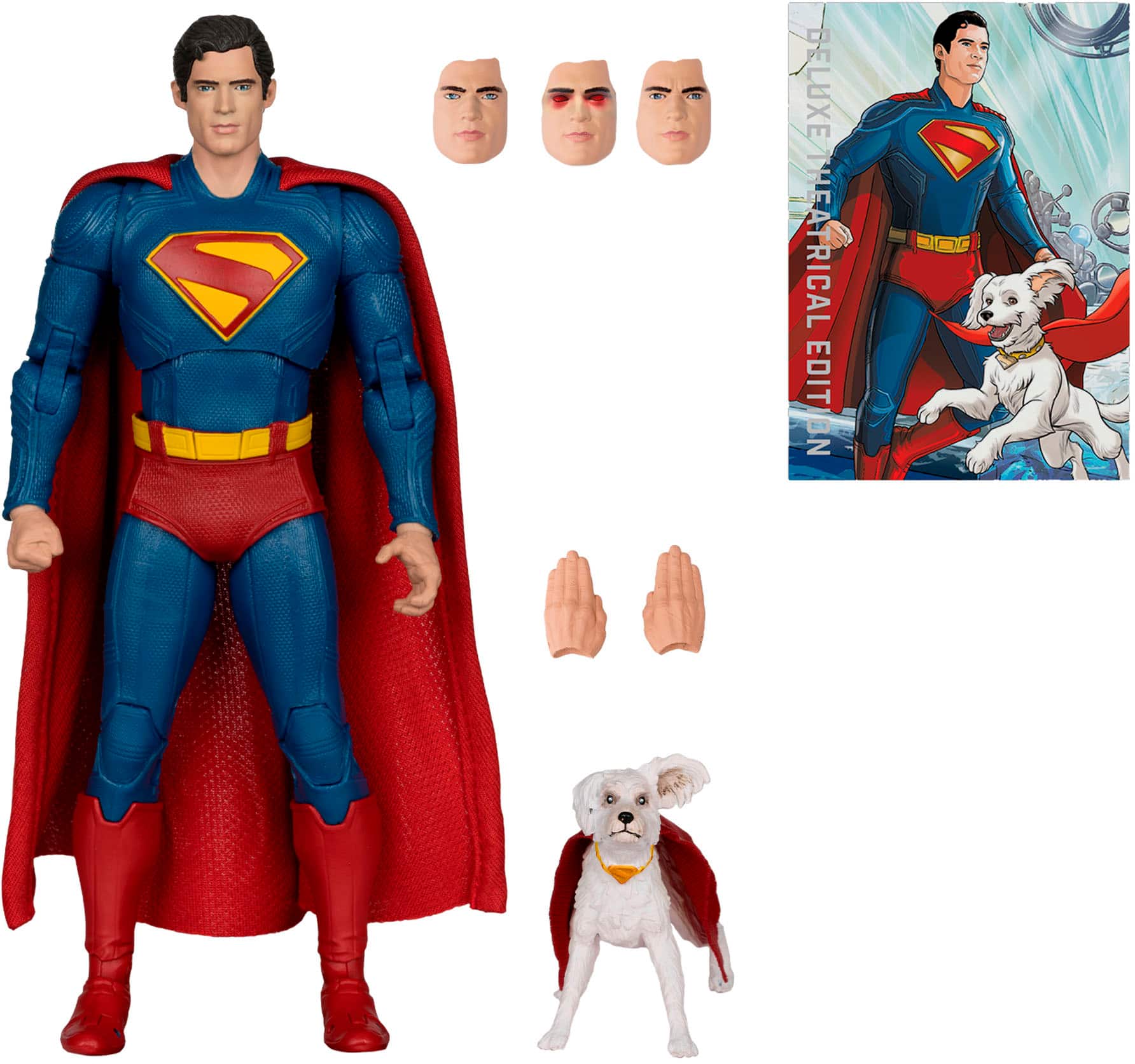 The text on the image is "Superman: The Movie" which is a reference to the 1978 film starring Christopher Reeve as Superman. The image features a Superman action figure and a dog, which could be a reference to the character's pet, Krypto the Superdog.