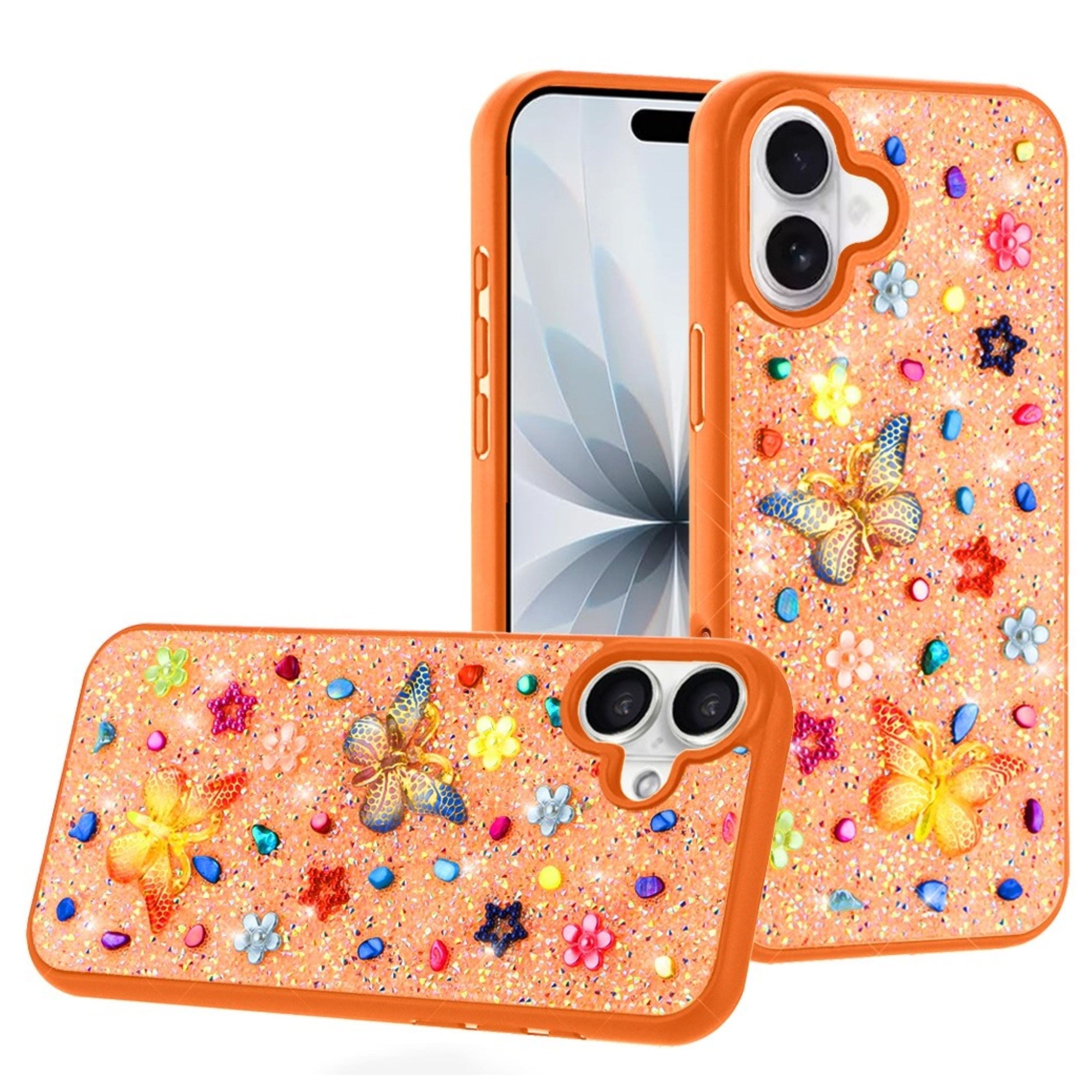 Kitcheniva - Butterfly 3D Jewel Glitter Bling Phone Cover Plus Tempered Glass For iPhone 17 - Cosmic Orange price history on PriceWatchPro
