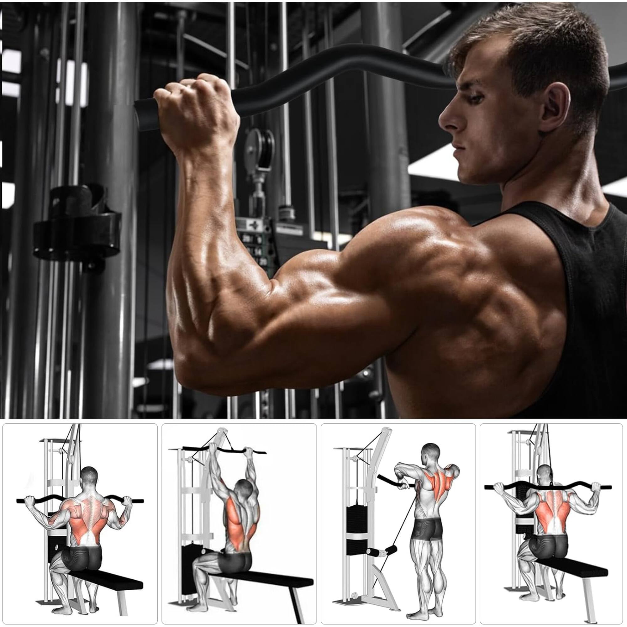 Alt View 5. Power Systems - Black Chrome Multi - Purpose Row Handle  - Cable Machine Attachment with Knurled Grip - Black.