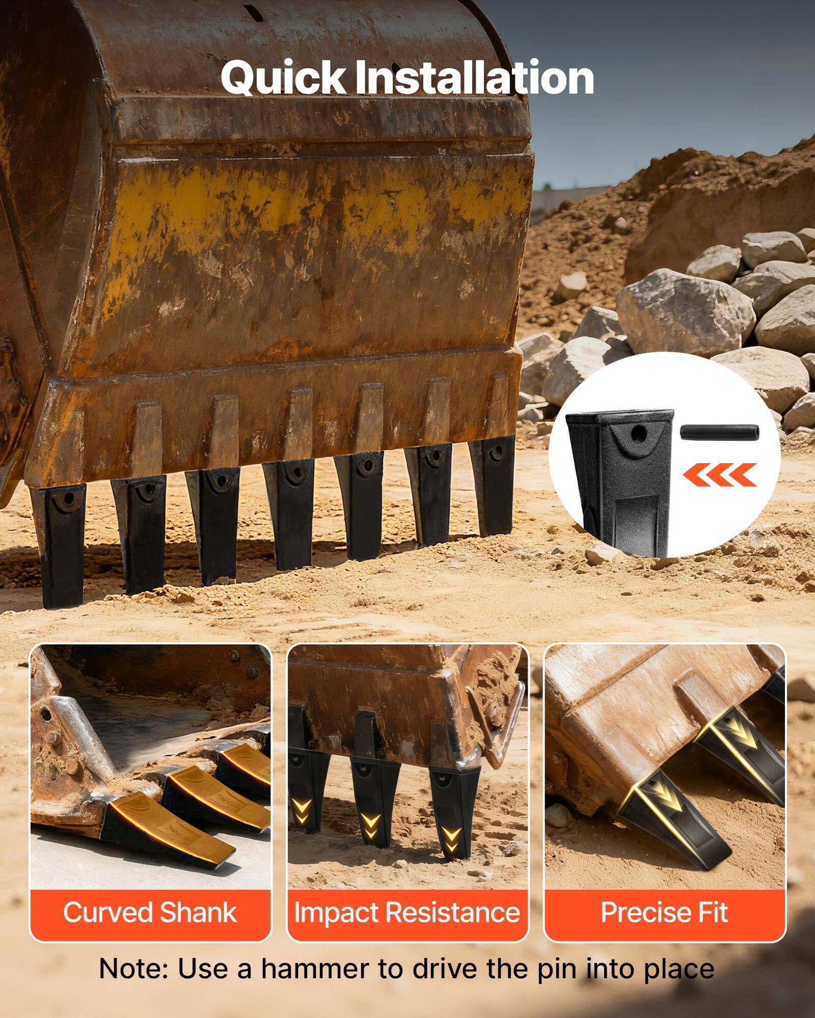 Quick Installation

Curved Shank  
Impact Resistance  
Precise Fit  

Note: Use a hammer to drive the pin into place