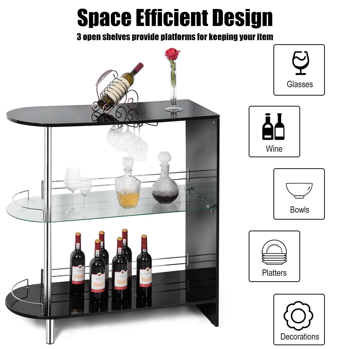 Space Efficient Design: 3 open shelves provide platforms for keeping your items, including glasses, wine, bowls, and platters, as well as decorations.
