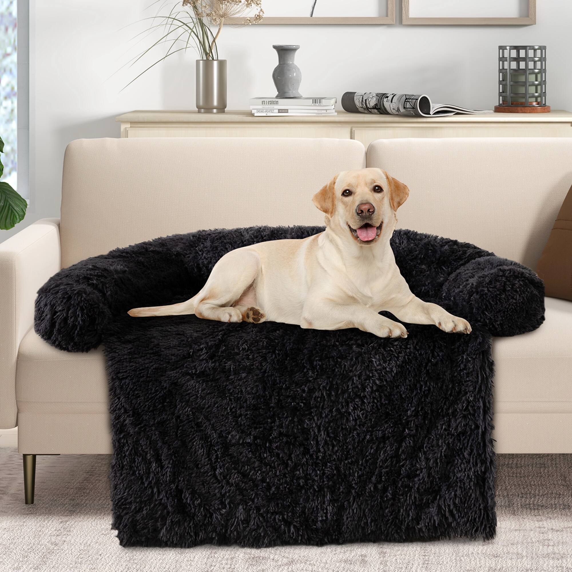 Alt View 3. Costway - Costway Plush Calming Dog Couch Bed with Anti-Slip Bottom Plush Mat for Large Dogs & Cats - Black.