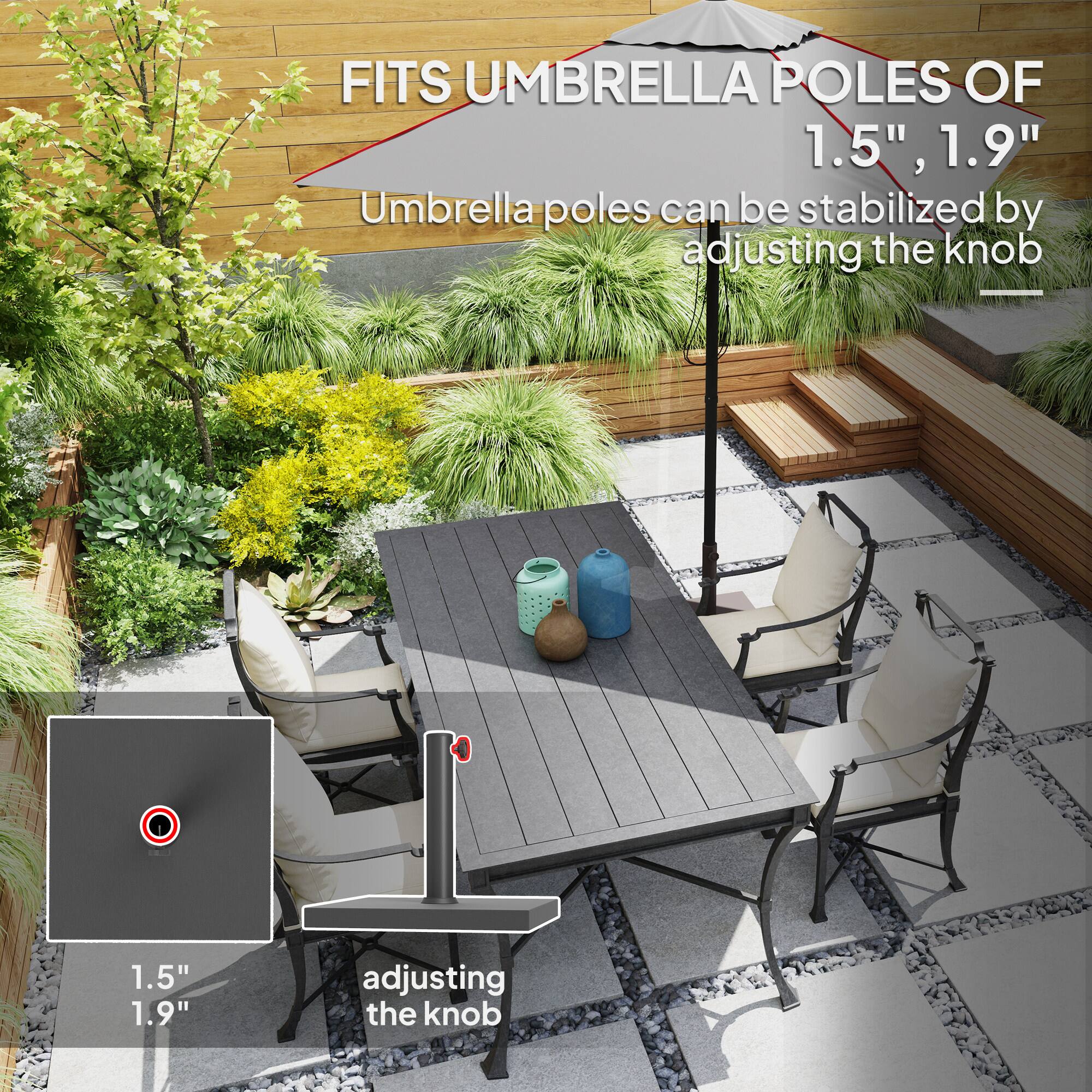 FITS UMBRELLA POLES OF 1.5", 1.9" Umbrella poles can be stabilized by adjusting the knob - 1.5" 1.9" adjusting the knob