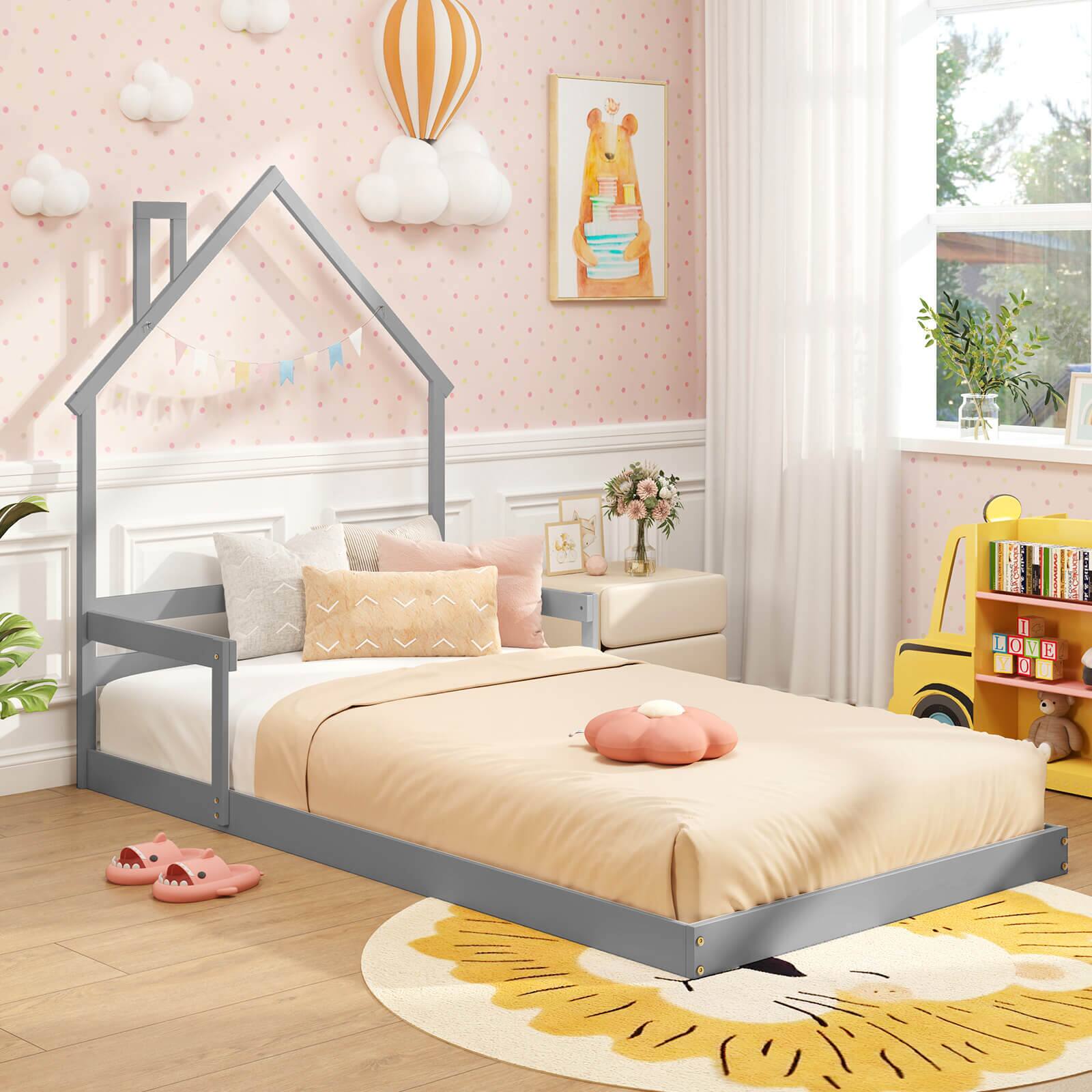 Angle. Costway - Costway Twin Size Floor Bed for Kids with Chimney Headboard & Handrail Gray - Grey.