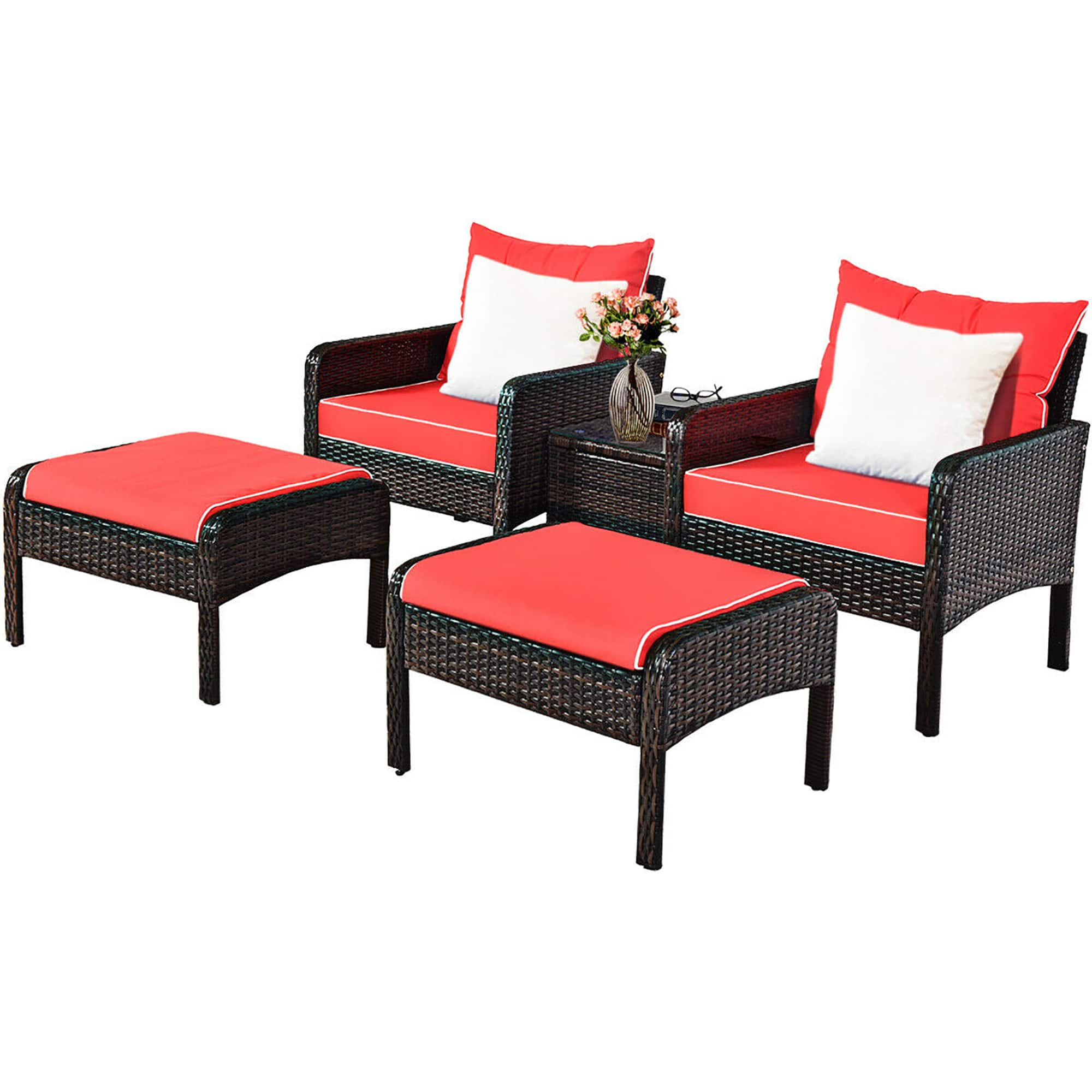 Costway - 5 PCS Patio Rattan Furniture Set Sofa Ottoman Table Cushioned Yard - Red