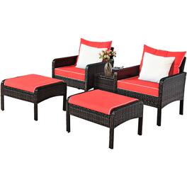 Costway - 5 PCS Patio Rattan Furniture Set Sofa Ottoman Table Cushioned Yard - Red
