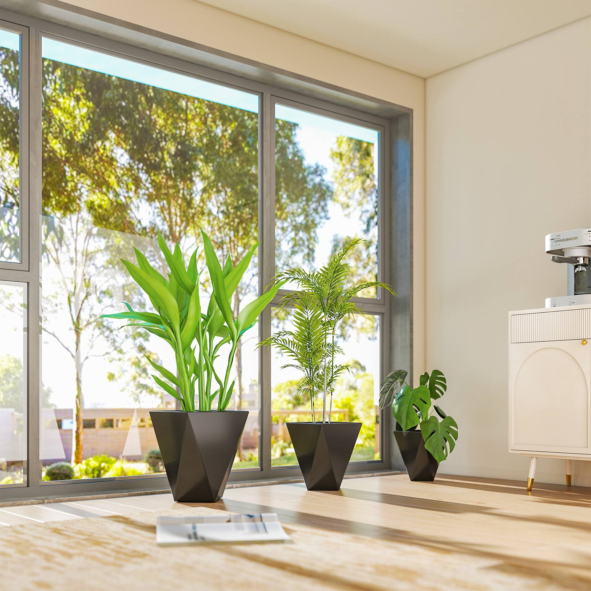 Alt View 7. Outsunny - Set of 3 Tall Planters, 18", 15.25", 11.75", MgO Indoor Outdoor Planters with Drainage Holes, Stackable Flower Pots - Black.