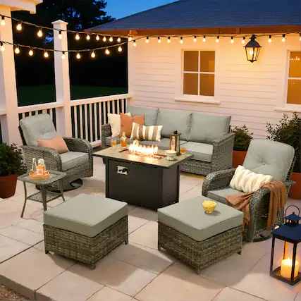 Front. Ovios - 7 PCS Patio Furniture Set, Rattan Sofa with Swivel Chair, Ottoman & 42" Fire Pit Table - Dark Gray.