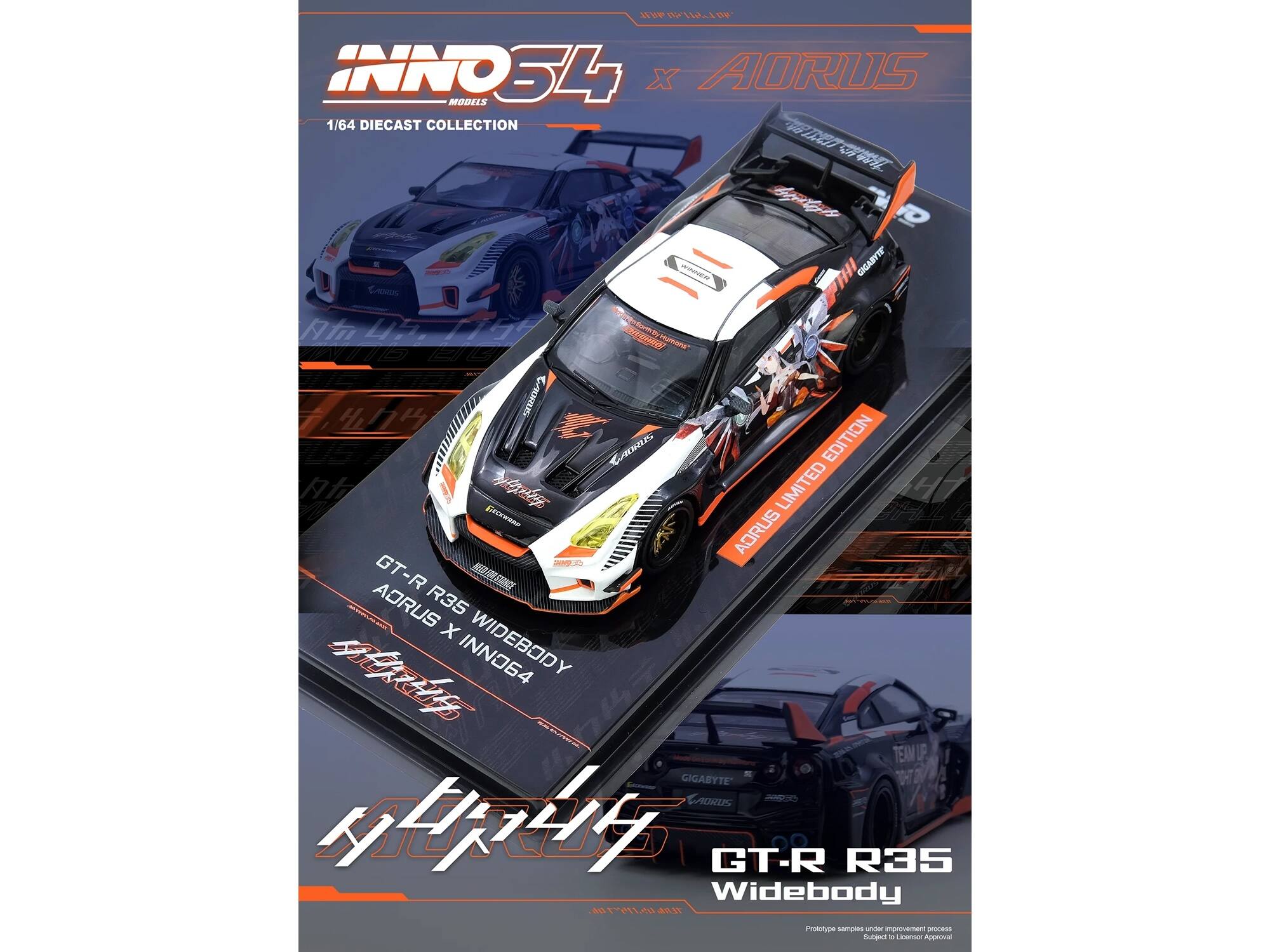 A0F O INNO54 1/64 DIECAST COLLECTION SAE byrtoy P mew GIGABYTE C Nt US AGH Beegpee E VATIS a MUmORT ADRU A an EDITION e LIMITED HT tr ADRUS GT-R MS STONCE ADRUS R35 x K INNO64 WIDEBODY Y TEAMUP GIGABYTE CADRUS -O GT-R R35 Widebody TdE ~ a ototype le e improvement - Subject 1o Approval