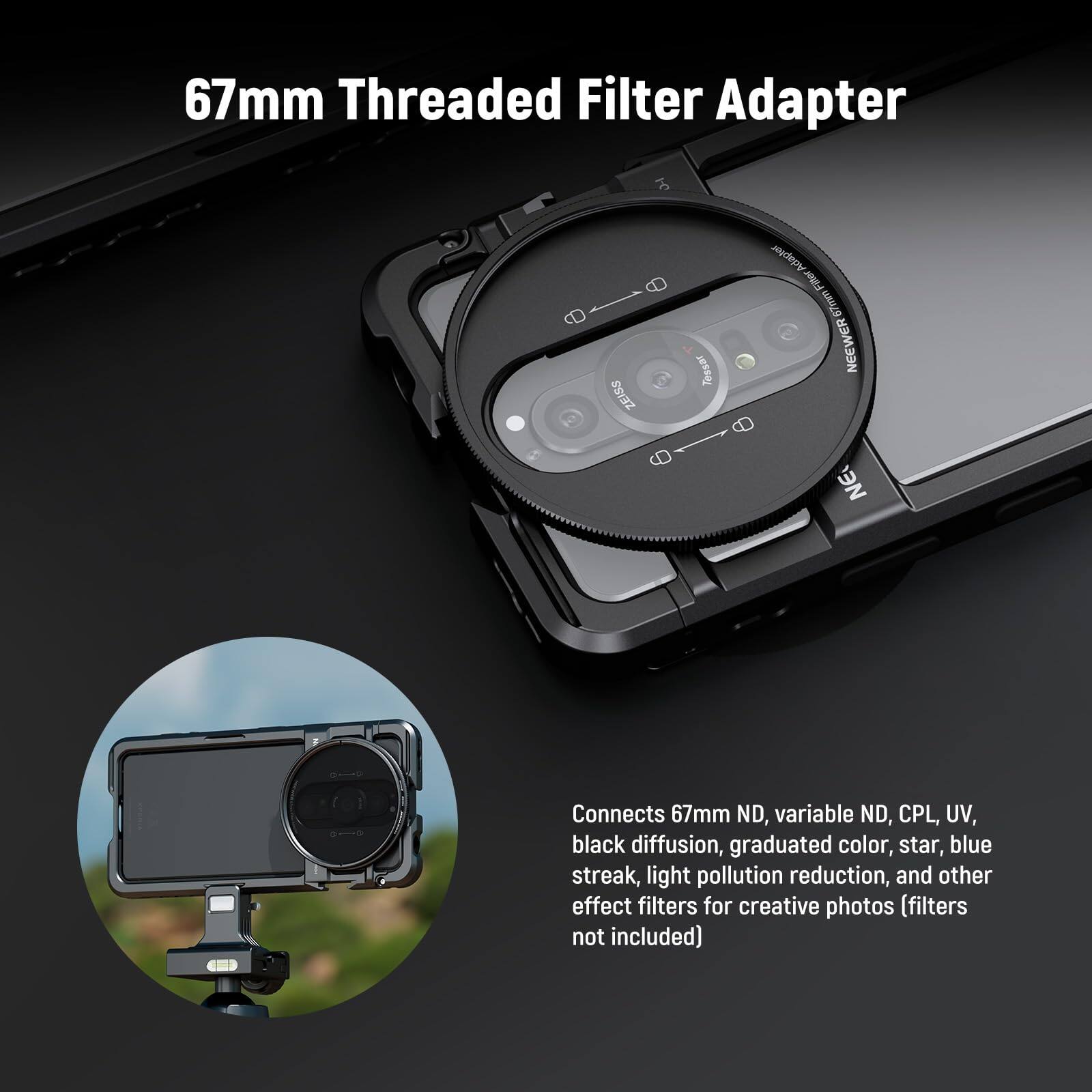 67mm Threaded Filter Adapter

Connects 67mm ND, variable ND, CPL, UV, black diffusion, graduated color, star, blue streak, light pollution reduction, and other effect filters for creative photos (filters not included)