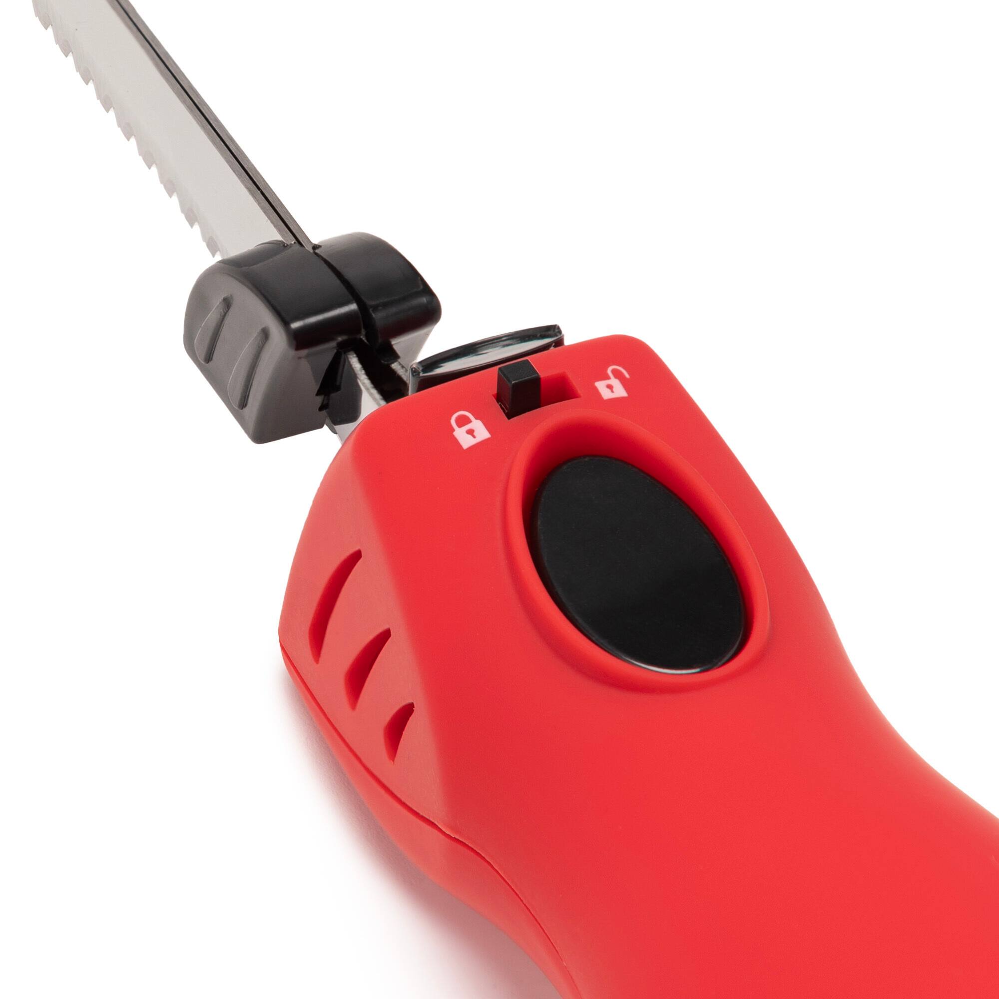 Angle. ChefWave - Rechargeable Electric Knife with 2 Serrated Blades and Safety Lock (Red).