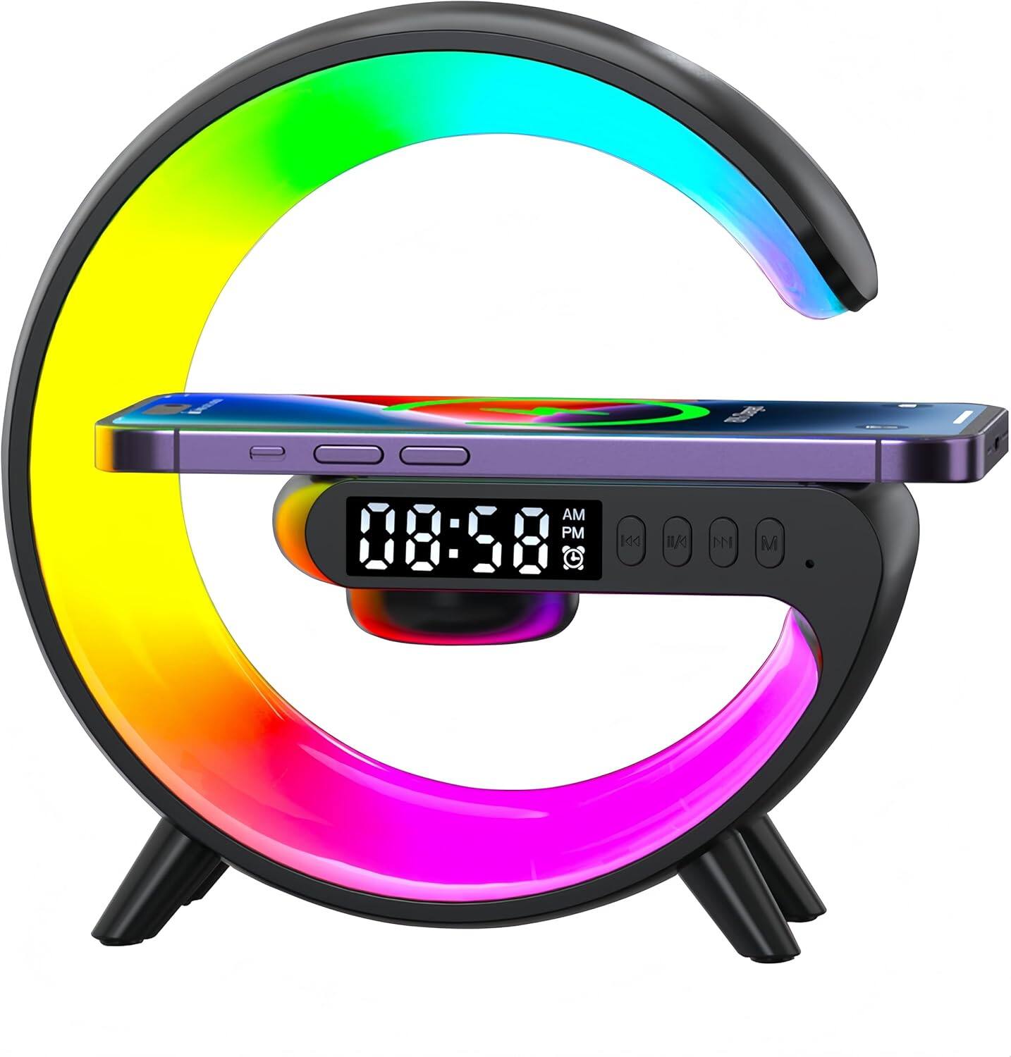 Stamp n Camp - Table Lamp with Wireless Charger, Atmosphere White Noise, Smart Light Sound Machine, Bluetooth Speaker Alarm Clock, App - Mini G Lamp(black)