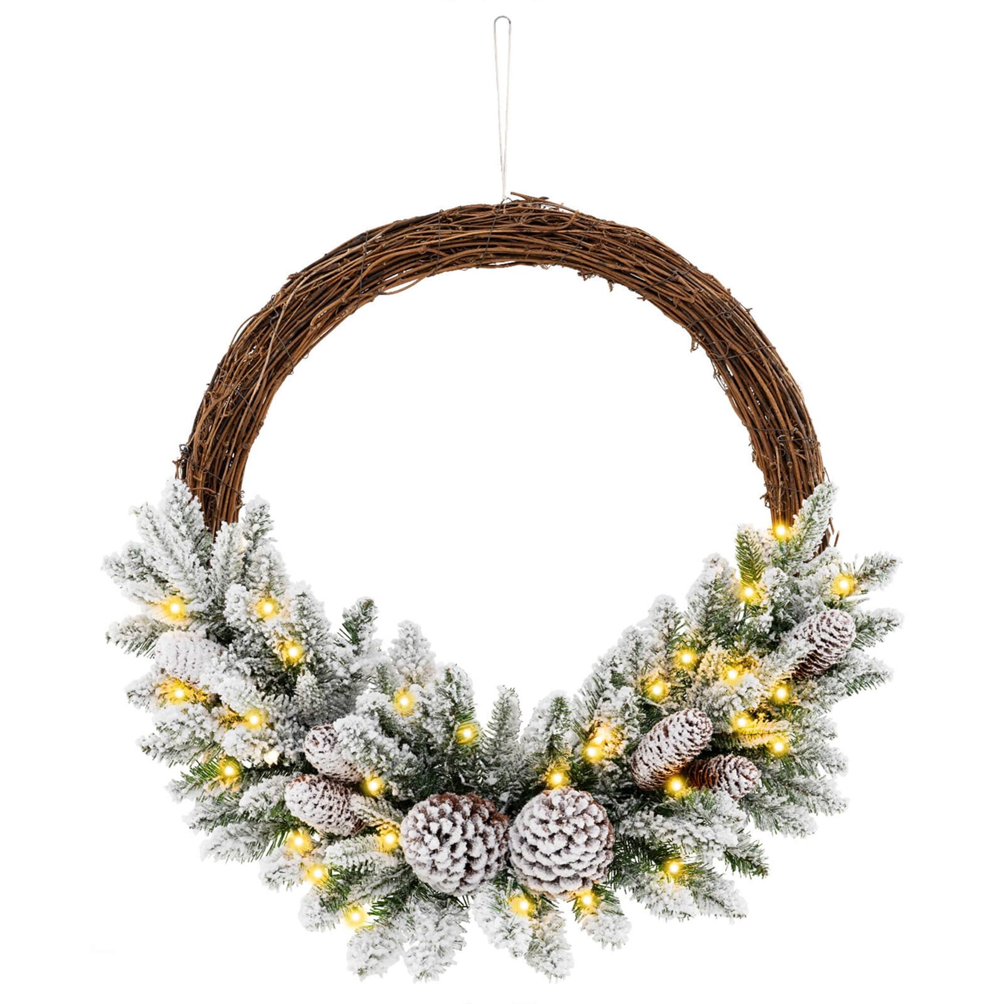 Costway - 1 PCS 24 Inch Christmas Wreath with 65 Branch Tips 8 Natural Pine Cones 6 Lighting Modes - Multicolor