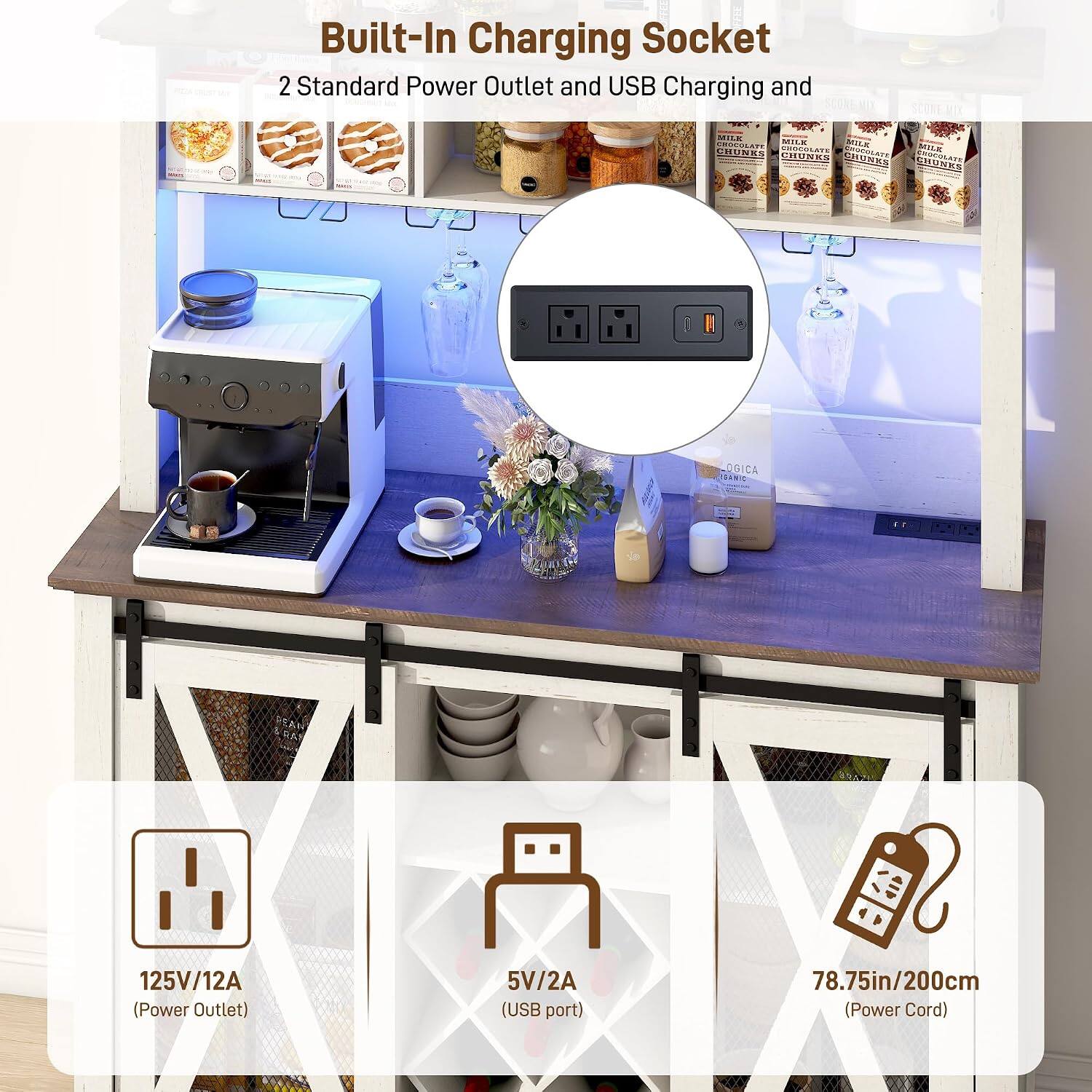 Built-In Charging Socket  
2 Standard Power Outlet and USB Charging and  

TAX, MILK CHOCOLATE MILK MILK CHUNKS CHOCOLATE CHOCOLATE MILK CHUNKS CHUNKS CHUNKS CHUNKS CHOCOLATE  
OGICA BANIC  
PEAN RAN  

125V/12A (Power Outlet)  
5V/2A (USB port)  
78.75in/200cm (Power Cord)
