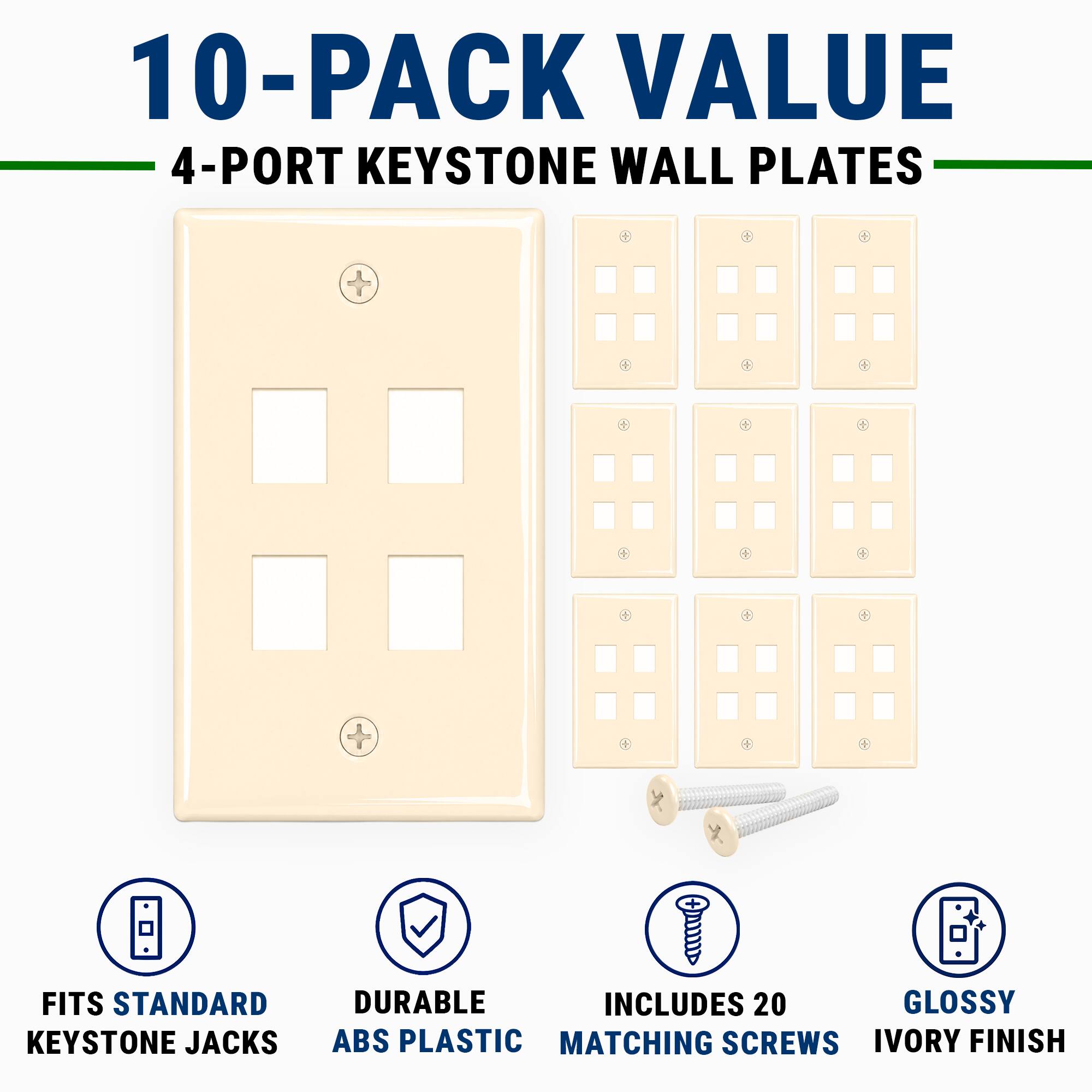 10-Pack Value 4-Port Keystone Wall Plates Fits Standard Keystone Jacks Durable Includes 20 Glossy ABS Plastic Matching Screws Ivory Finish