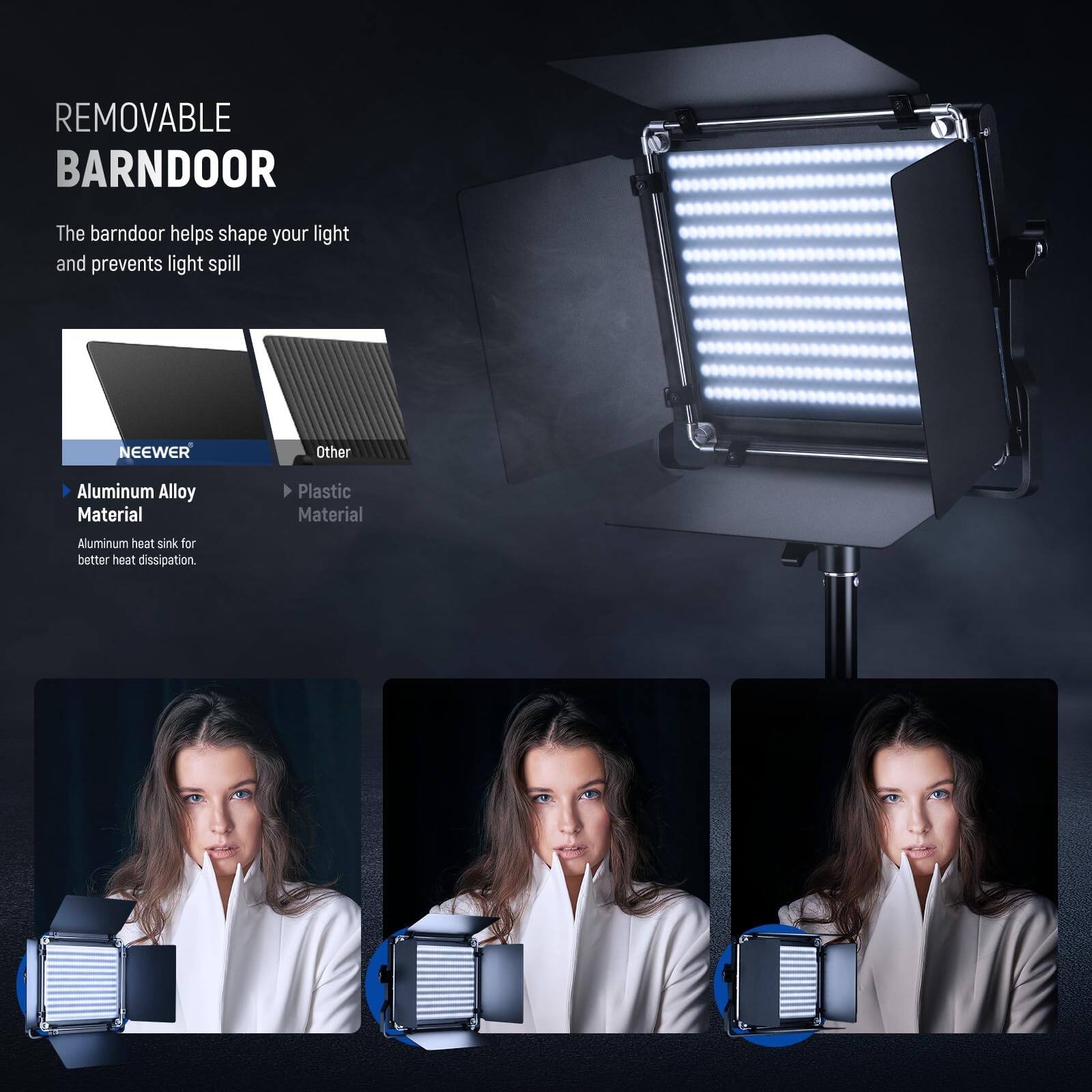 REMOVABLE BARNDOOR

The barn door helps shape your light and prevents light spill

NEEWER
- Aluminum Alloy Material
- Aluminum heat sink for better heat dissipation.

Other
- Plastic Material