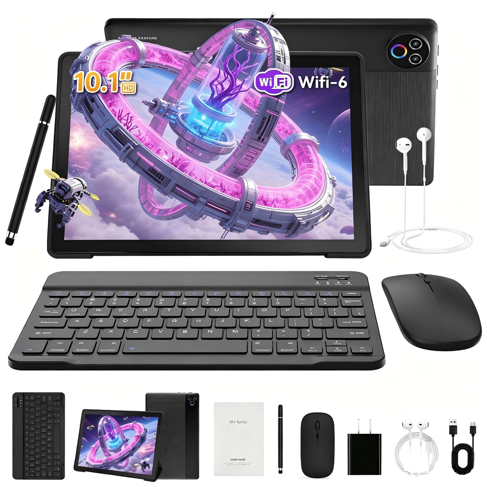 URAO - Android 15 Tablet 64GB 10.1 in IPS HD Touchscreen 5 Core Dual Camera Set - Black