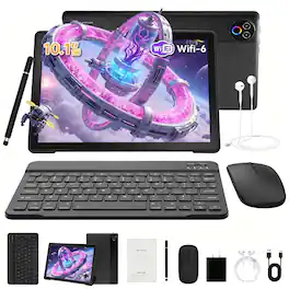 URAO - Android 15 Tablet 64GB 10.1 in IPS HD Touchscreen 5 Core Dual Camera Set - Black