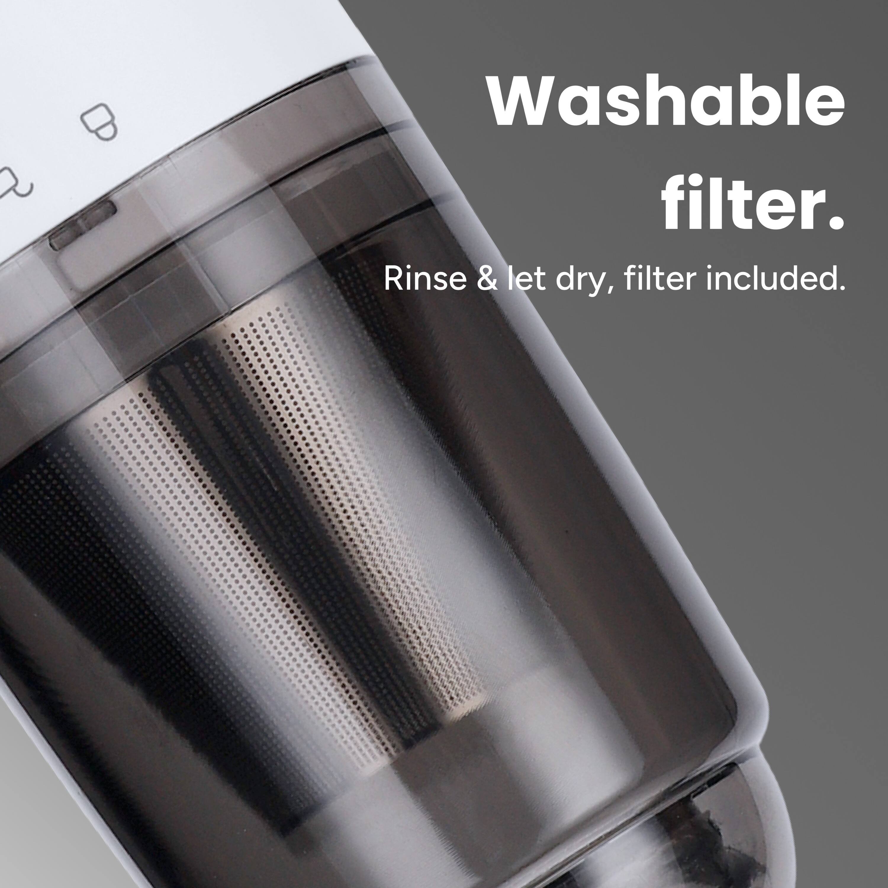 Washable filter. Rinse & let dry, filter included.