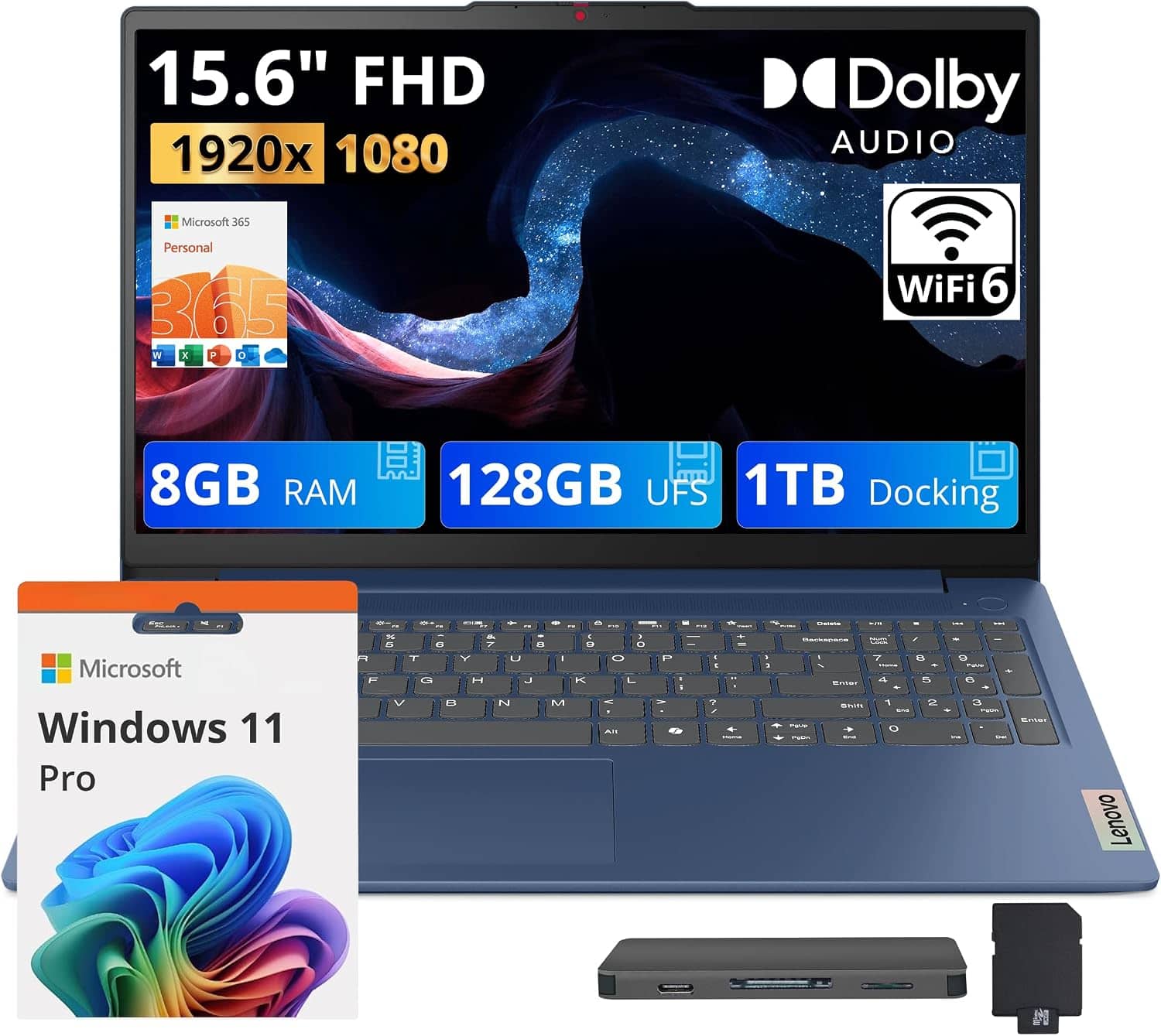 Lenovo - Upgraded - Ideapad Slim 3 15.6" FHD Laptop,Intel N150,8GB LPDDR5 RAM,128GB UFS+1TB Dock Station,Wi-Fi 6,Win 11 Pro - Blue