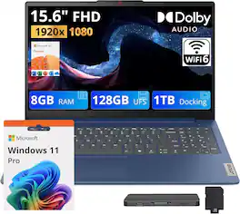 Lenovo - Upgraded - Ideapad Slim 3 15.6" FHD Laptop,Intel N150,8GB LPDDR5 RAM,128GB UFS+1TB Dock Station,Wi-Fi 6,Win 11 Pro - Blue