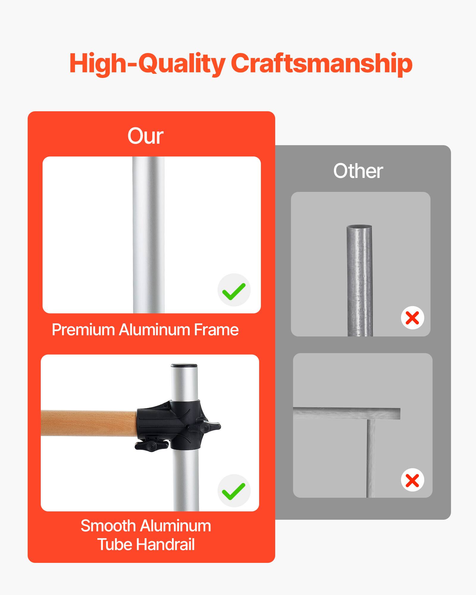 High-Quality Craftsmanship

Our
- Premium Aluminum Frame
- Smooth Aluminum Tube Handrail

Other
- Premium Aluminum Frame
- Smooth Aluminum Tube Handrail