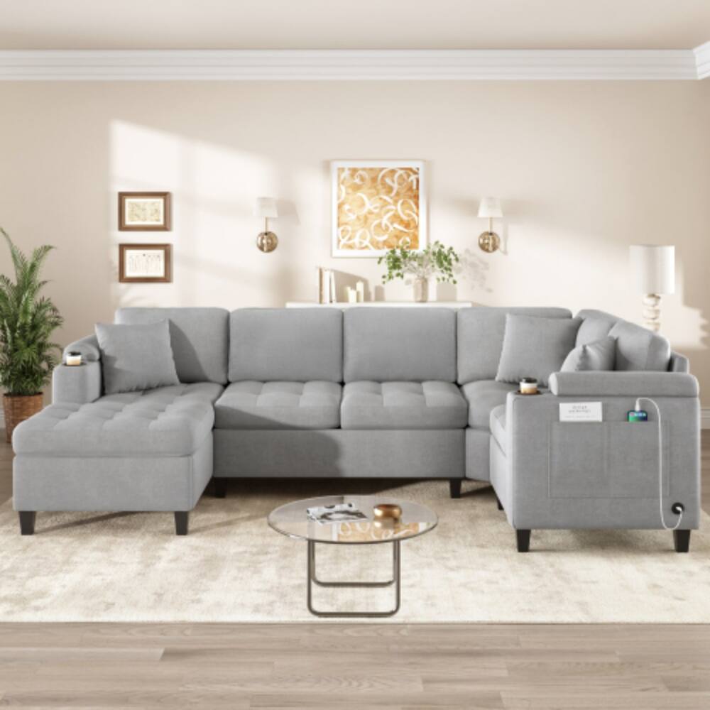 Angle. LUCKY ONE - 115.7" U-Shaped Modular Sectional Sofa w/ Cup Holders Storage USB Ports Chaise - LIGHT GREY.