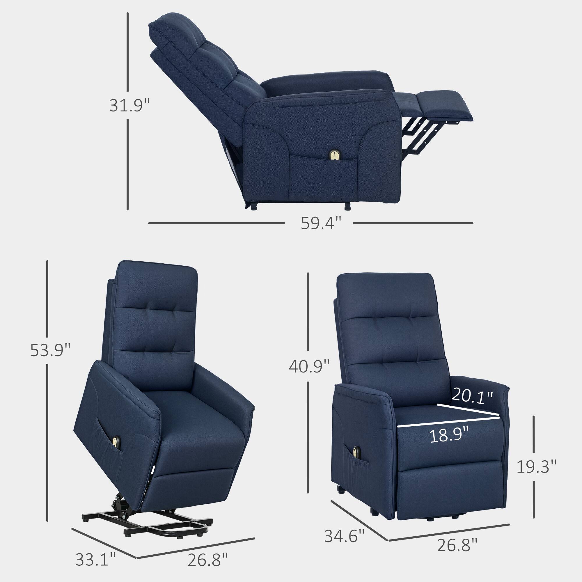 The text can be grouped as follows:

- Height: 59.4", 53.9", 33.1"
- Width: 34.6", 26.8", 26.8"
- Depth: 40.9", 20.1", 18.9", 19.3"
- Backrest height: 31.9"