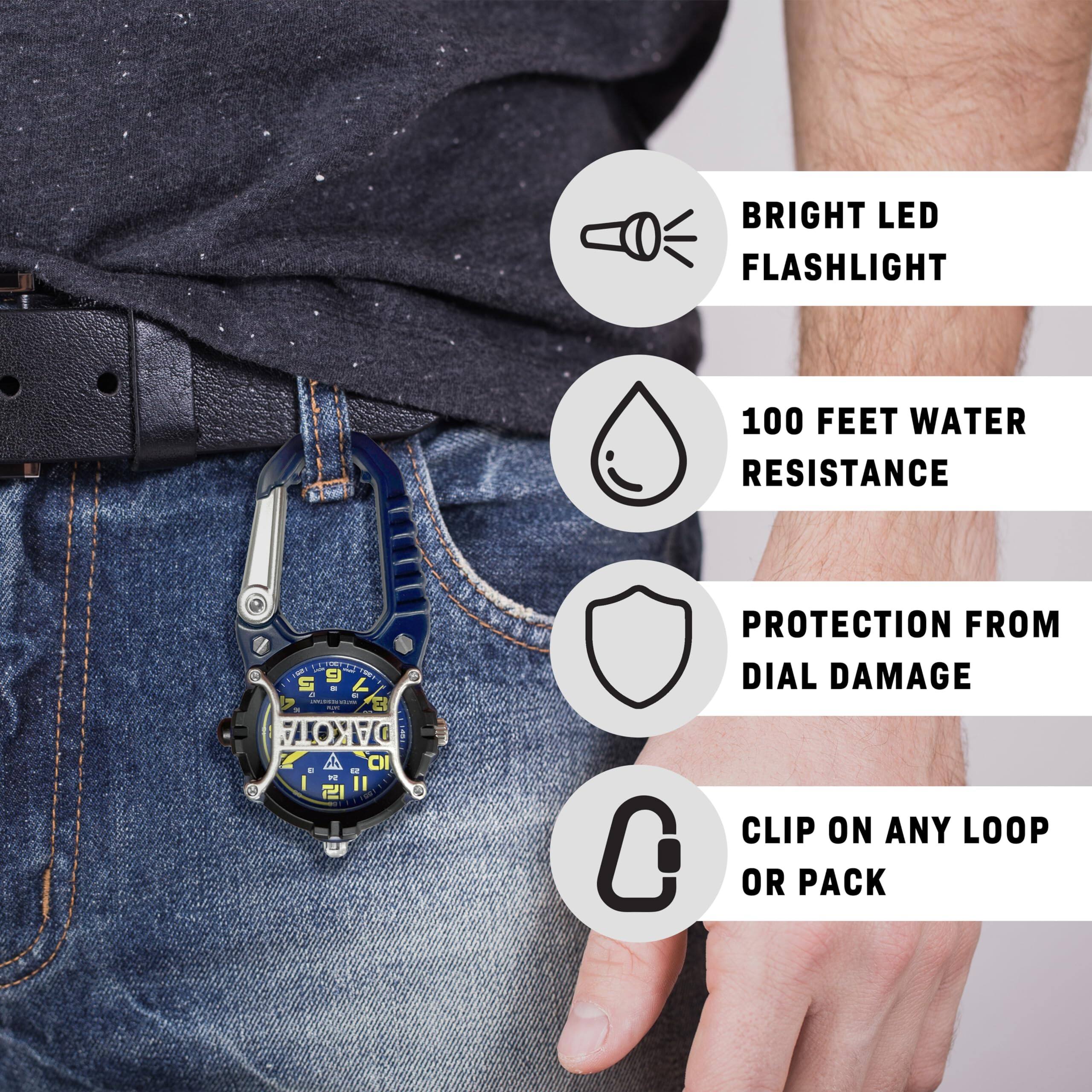 BRIGHT LED FLASHLIGHT  
100 FEET WATER RESISTANCE  
PROTECTION FROM DIAL DAMAGE  
CLIP ON ANY LOOP OR PACK